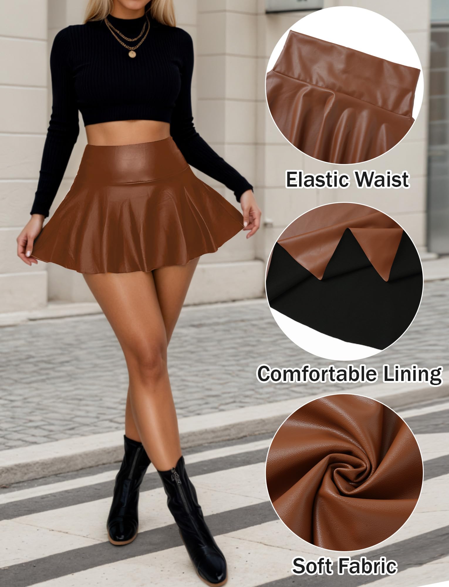 FEOYA Mini jupe en similicuir pour femme - Taille haute - Ourlet évasé - Pour soirée décontractée