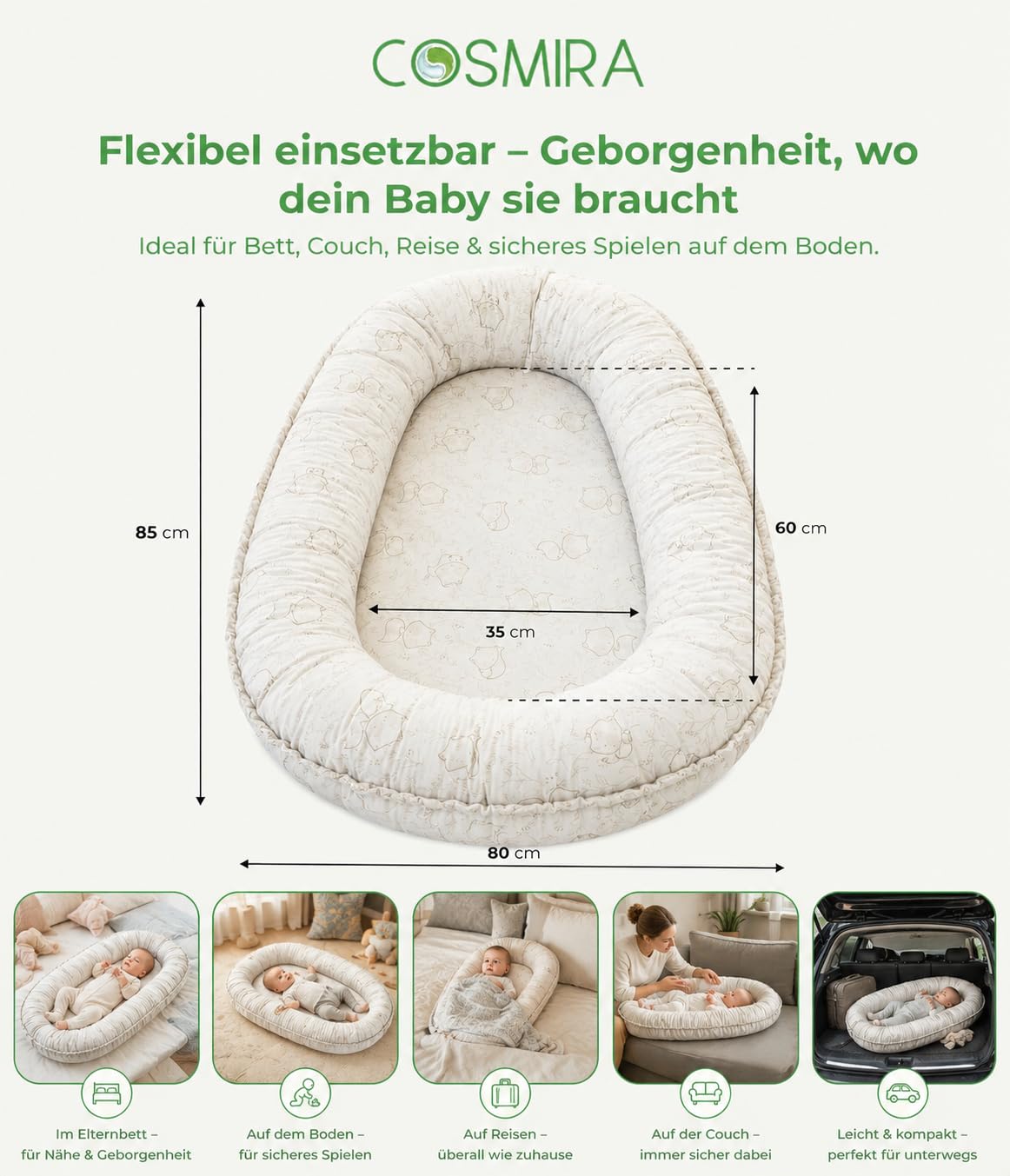 Babynest für Neugeborene – 100% Baumwolle, Oeko-TEX zertifiziert – Waschbares, atmungsaktives Nestchen für Bett, Sofa & Reisen