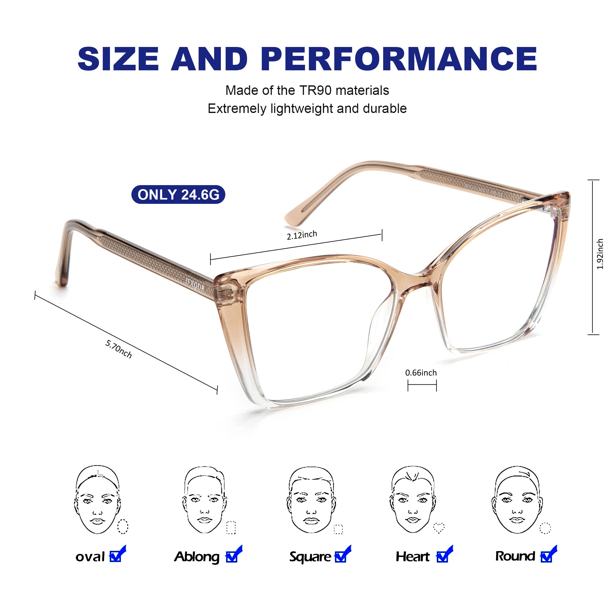 JFXQDR 2 Pack Women's Oversized Blue Light Blocking Glasses, Trendy Cat Eye Computer Gaming Screen Eyeglasses Anti Glare & UV RF6204 (Light Black+Clear Gradient Brown Cateye Frame)