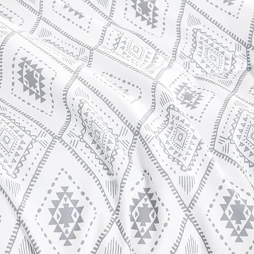 Miniatura 5 de Wake In Cloud - Juego de edredón bohemio, patrón geométrico bohemio gris gris con forma de diamante impreso en blanco, ropa de cama de microfibra