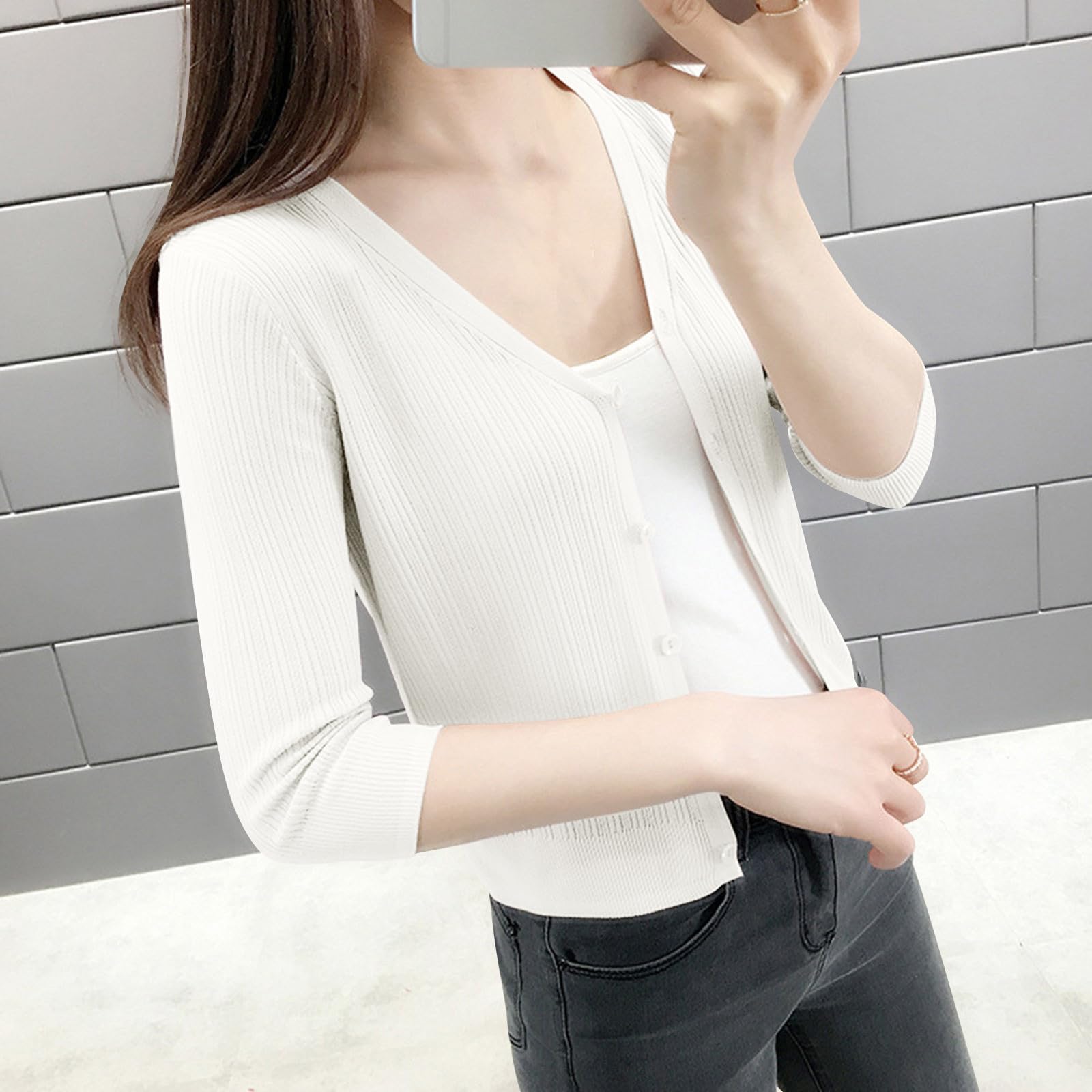Cardigan Donna Morbido Tinta Unita Maglione Corto a Maniche a 3/4 Comodo | Tessuto morbido e piacevole sulla pelle, comfort quotidiano, vestibilità comoda, ideale per casa ufficio e tempo libero