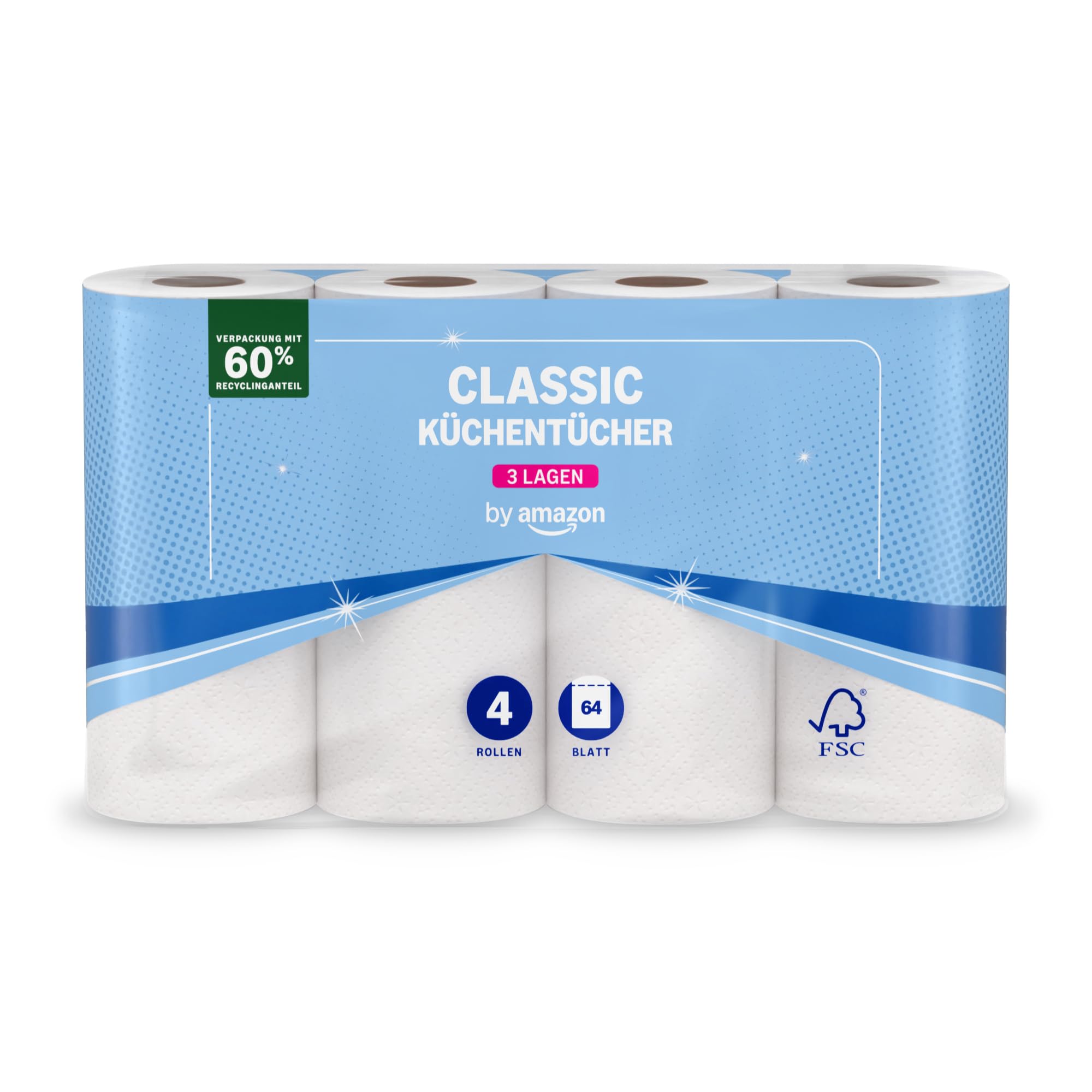 by Amazon Küchenrolle, 3-lagig, 4 Rollen (4 Rollen, 1-er Pack), 64 Blätter pro Rolle, FSC-Zertifiziert