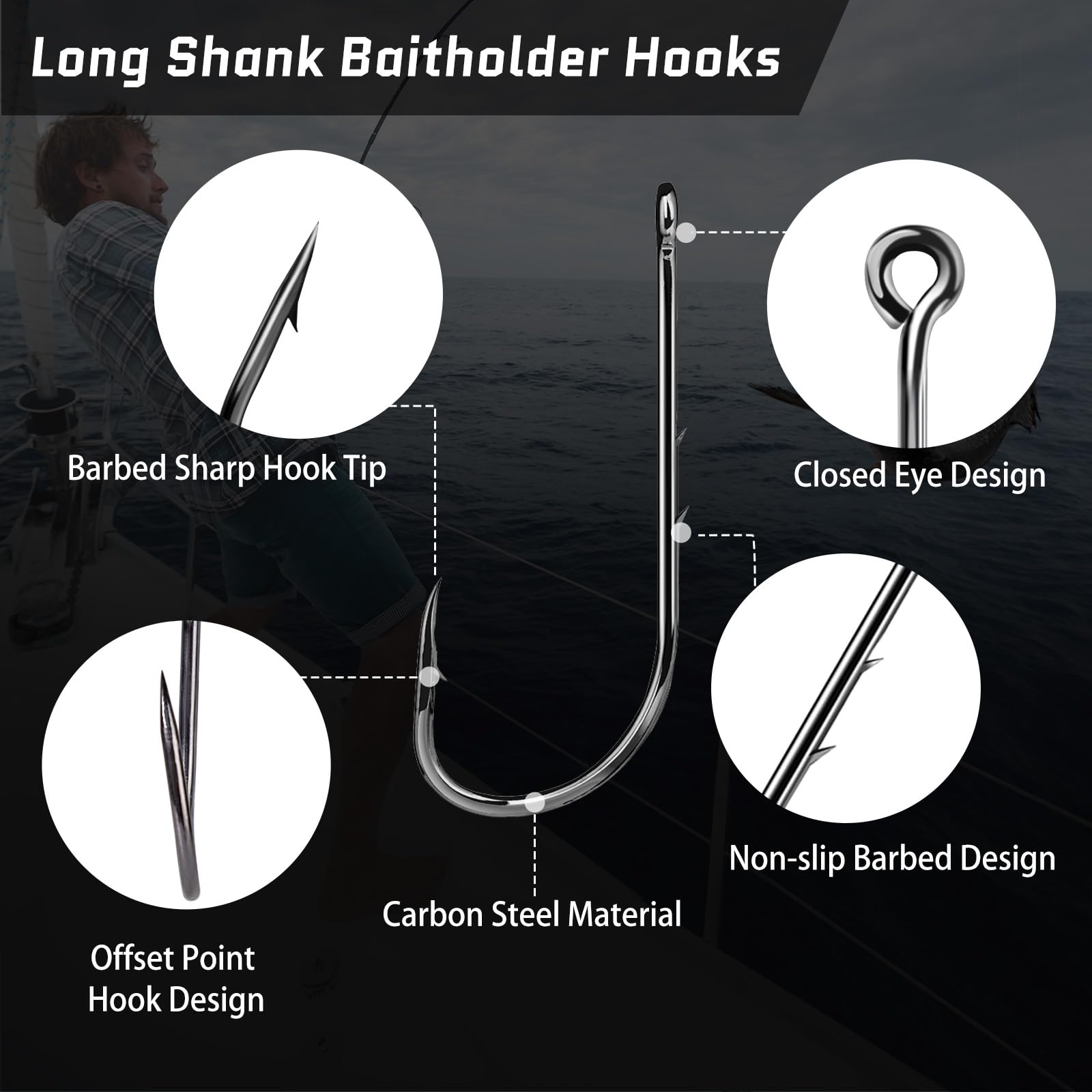FishTrip Baitholder Hooks Fishing Offset- 100pcs Bait Holder Fish Hook Double Barbed/Long Shank/Closed Eye/Black for Fishing Rigs Freshwater Saltwater 6#