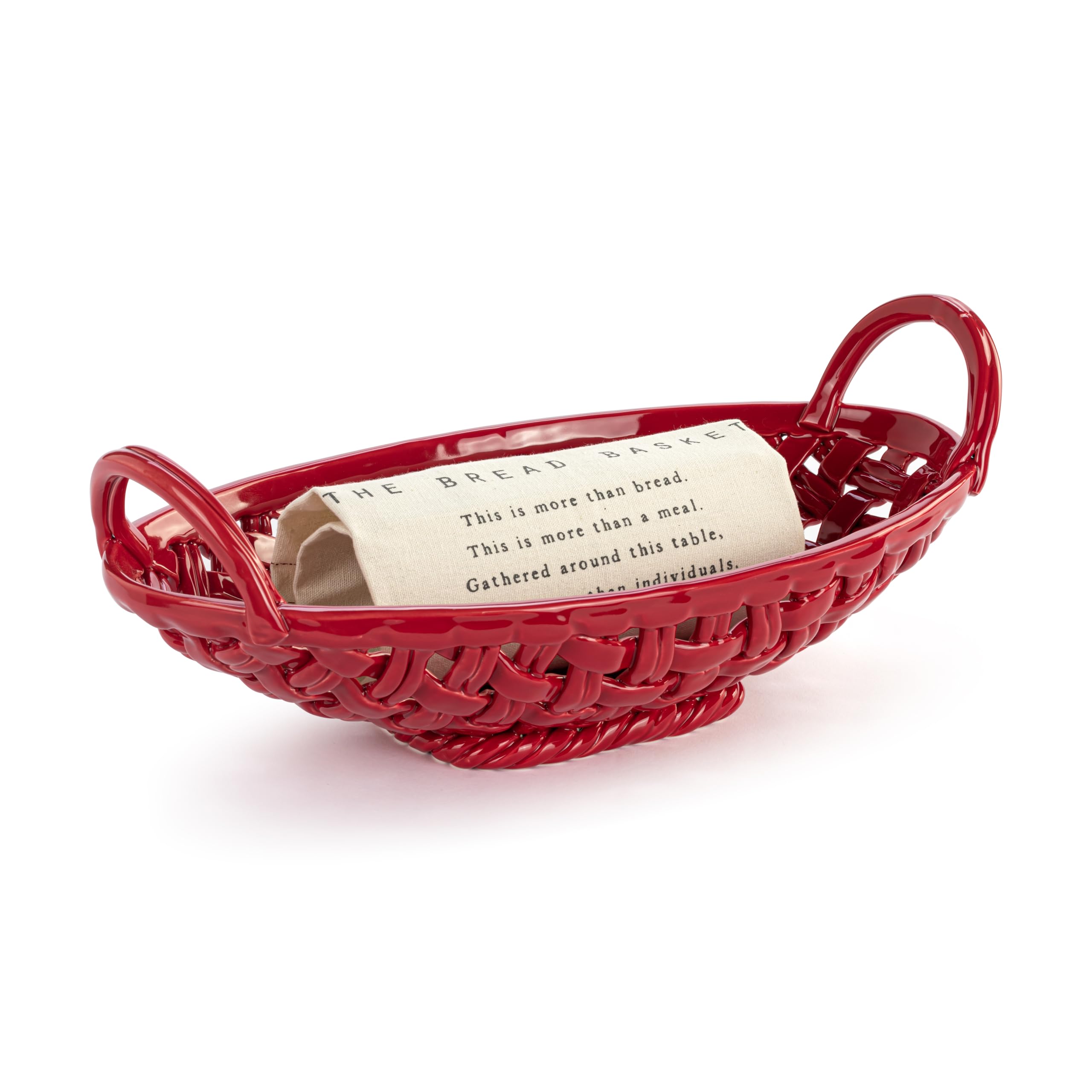 DEMDACO Gather 'Round Holiday Rosy Red 16 x 11 x 6 Inch Earthenware, 100% cotton Decorative Woven Look, Christmas Serving Entertaining Dish, Oval, Bread Basket With Towel 2 Piece Set
