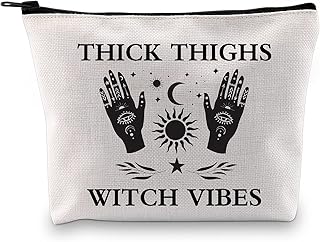 Witch Gift Wicca Witchcraft Cosmetic Bag Thick Thighs Witch Vibes Makeup Bag Halloween Pagan Wiccan Gift (Thick Thighs Witch Vibes White Bag)