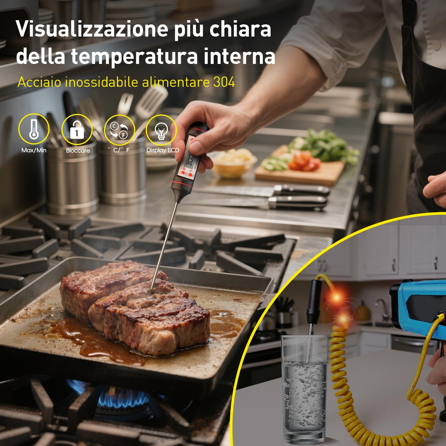 Eventek Termometro Cucina, -50 °C~600 °C (-58 °F~1112 °F) Termometro Infrarossi sonda per 304 Carne, Termometro Laser Senza Contatto Emissività Regolabile 0.1-1.0, Termometro per Cucina, Forno Pizza