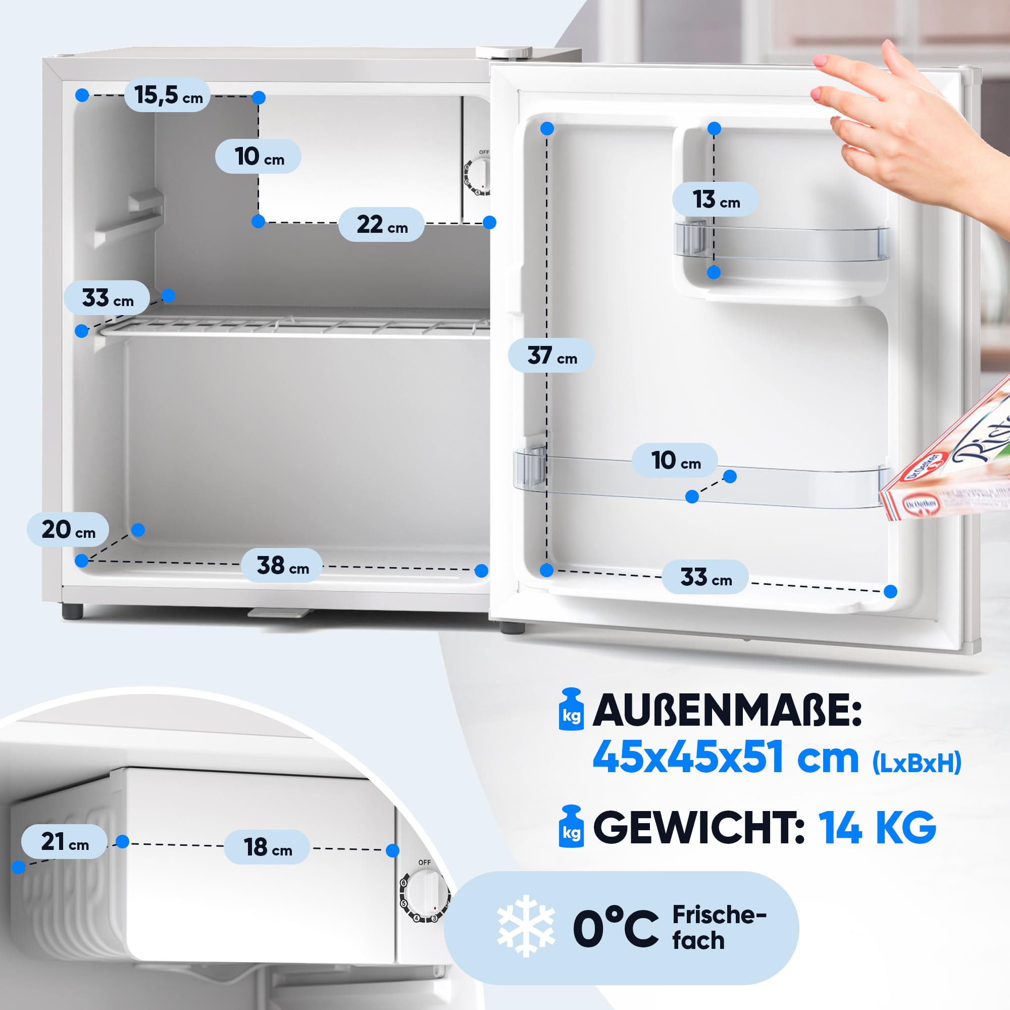 Stillstern Mini Kühlschrank E 45L mit Abtauautomatik, Schloss, Frostfach, Leise, Ideal für Küche, Büro, Schlafzimmer, Hotels und kleine Wohnungen Kühlschrank klein Minibar Getränkekühlschrank Weiß