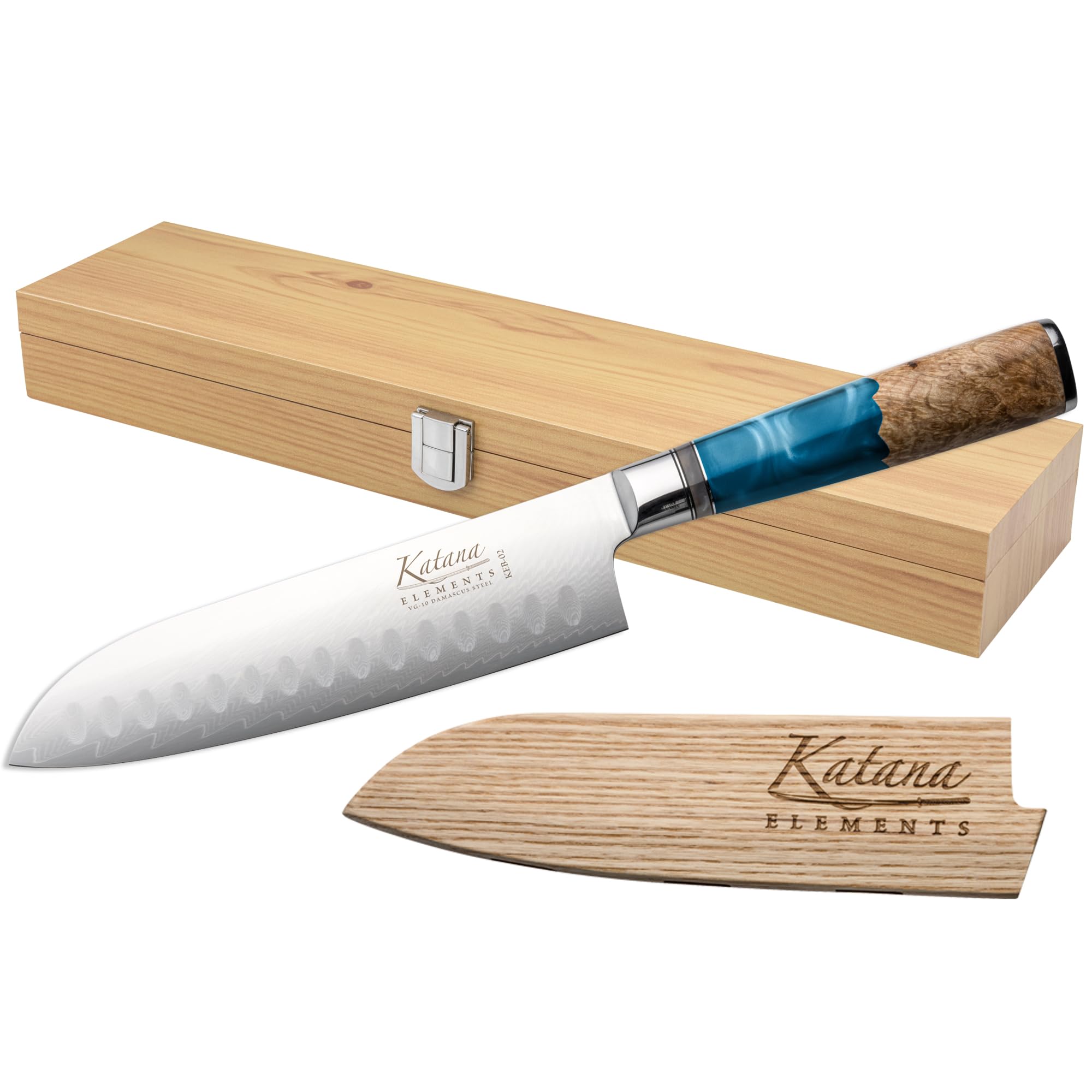 Katana Saya Ocean Blue Elements 18Cm Santoku Knife, Kitchen Knife, Japanese 67-Layer Vg-10 Damascus Stainless Steel, Natural Olivewood And Resin Handle, Japanese Style