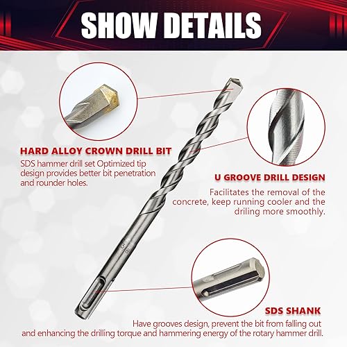 Miniatura 3 de Juego de brocas de mampostería de martillo giratorio y cinceles, 17 piezas, juego de brocas SDS Plus, apto para taladrar y cortar en hormigón,