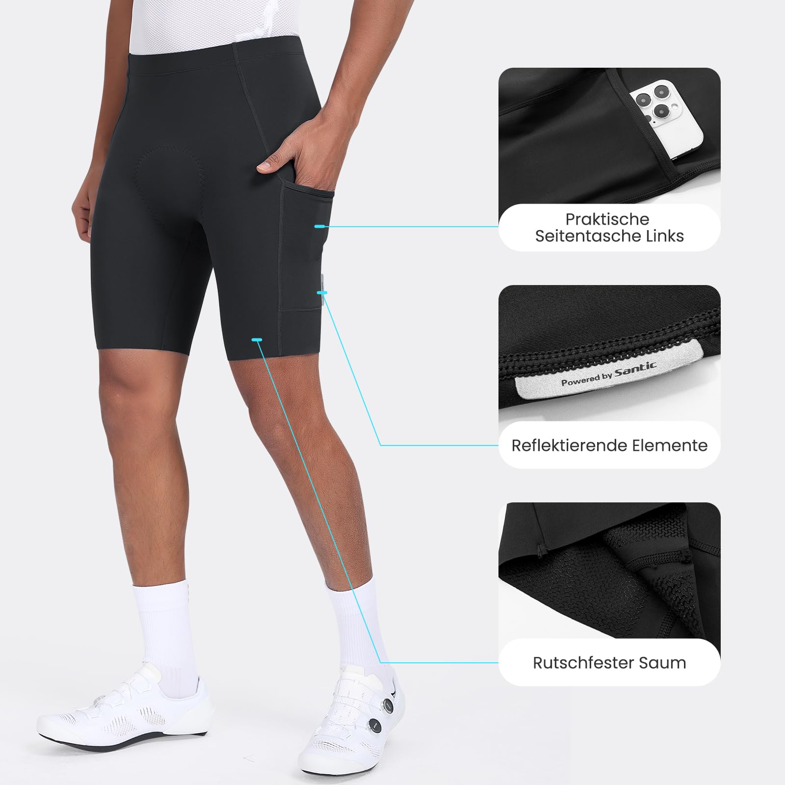 Santic Pantaloni da ciclismo da uomo, imbottiti, con imbottitura