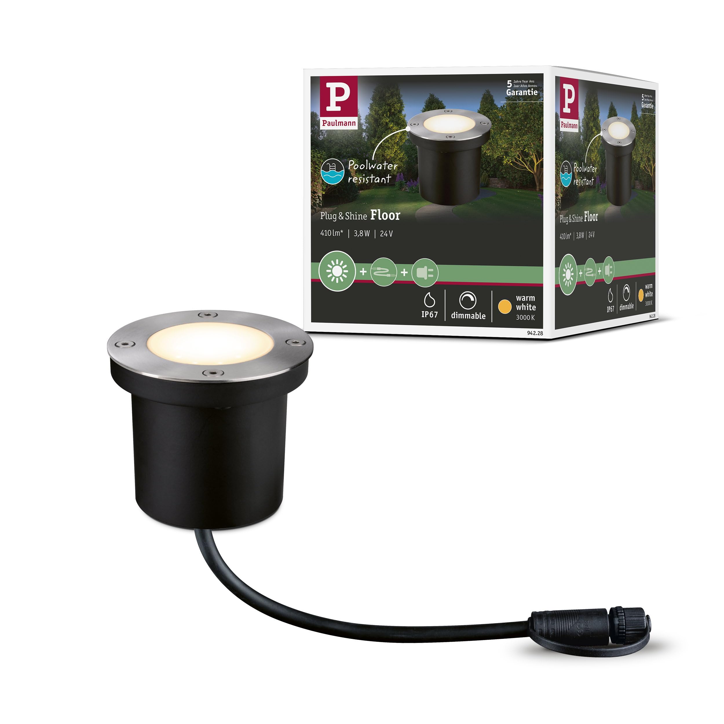 Paulmann 94228 Plug & Shine Lampada da esterni LED tonda incl. 1x3,6 Watt IP65 dimmerabile acciaio legato metallo, plastica 3000 K
