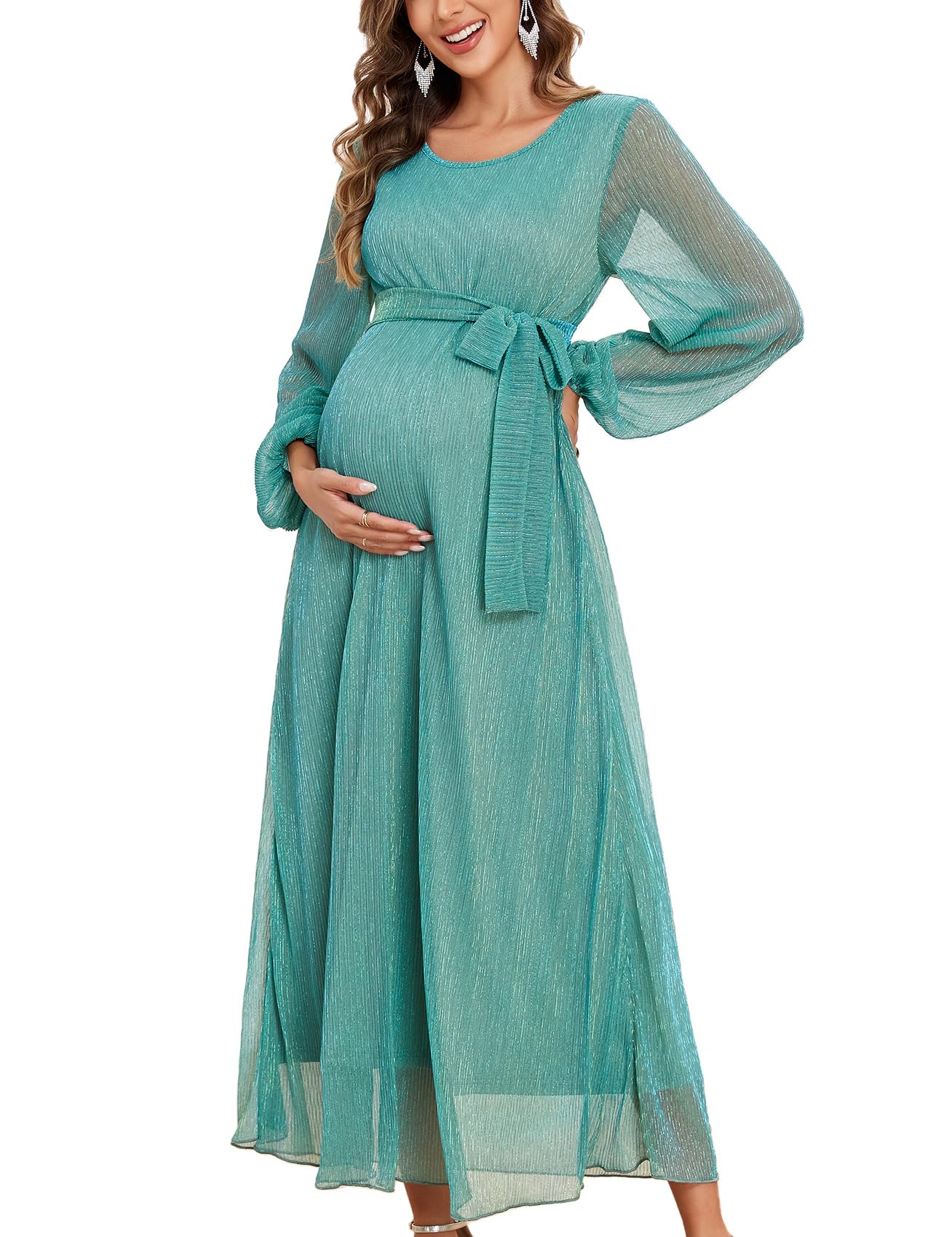 AISWI 2025 Umstandskleid mit glitzerndem Netzstoff, fließendes Maxikleid mit Gürtel, lange Ärmel, Schwangeres, langes Kleid, Babyparty, Fotoshooting, formell
