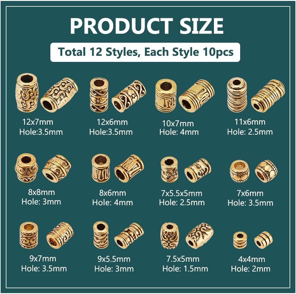 PH PandaHall 120pcs 12 Style Gold Spacers Barrel Column Tube Spacers Beads Tibetan Alloy Loose Beads for Bracelets Necklace Jewelry Making 412mm - Image 2