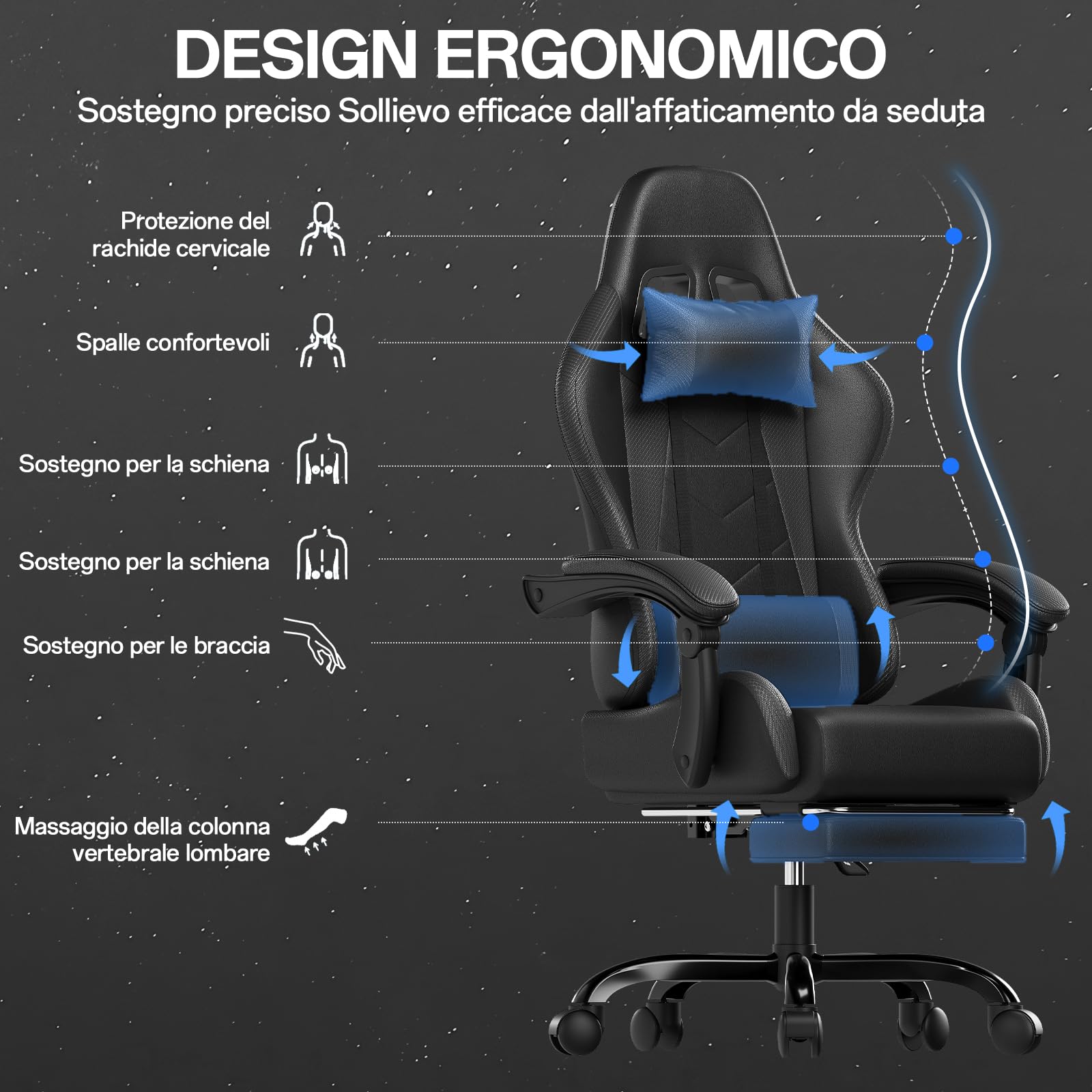 JUMMICO Sedia da gaming da ufficio, ergonomica, con cuscino lombare massaggiante, schienale regolabile 90-135°, e poggiapiedi, capacità di carico 150 kg, colore: nero