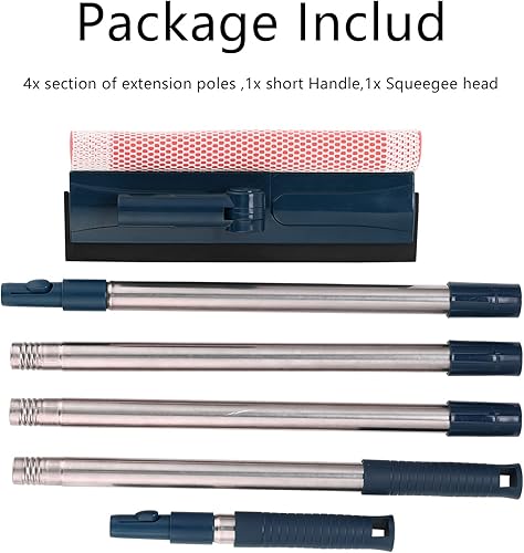 Miniatura 7 de Escobilla de ventana profesional, limpiador de ventanas 2 en 1 con mango de acero inoxidable de 56 pulgadas de largo, kit de lavado de ventanas,