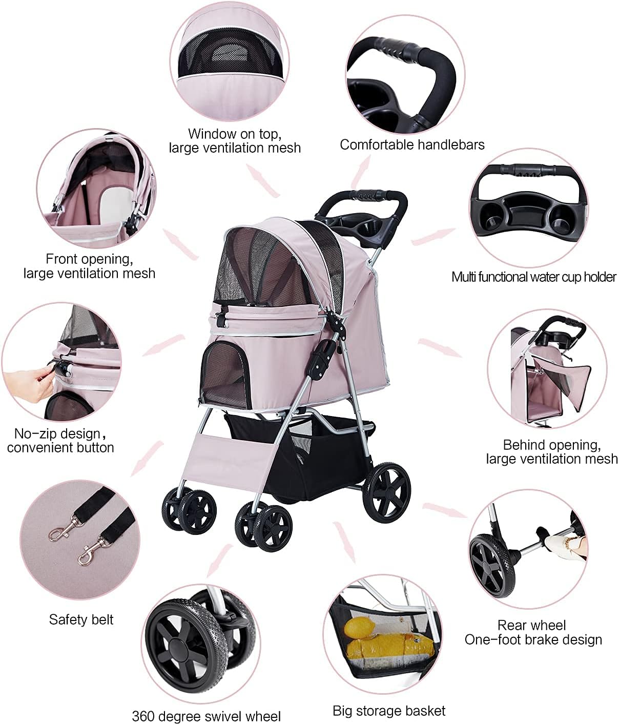 HRKIM Pet Stroller, Cat Dog Stroller with Storage Basket Foldable Lightweight Dog Carrier Trolley Jogging Stroller (LightPink) : Pet Supplies