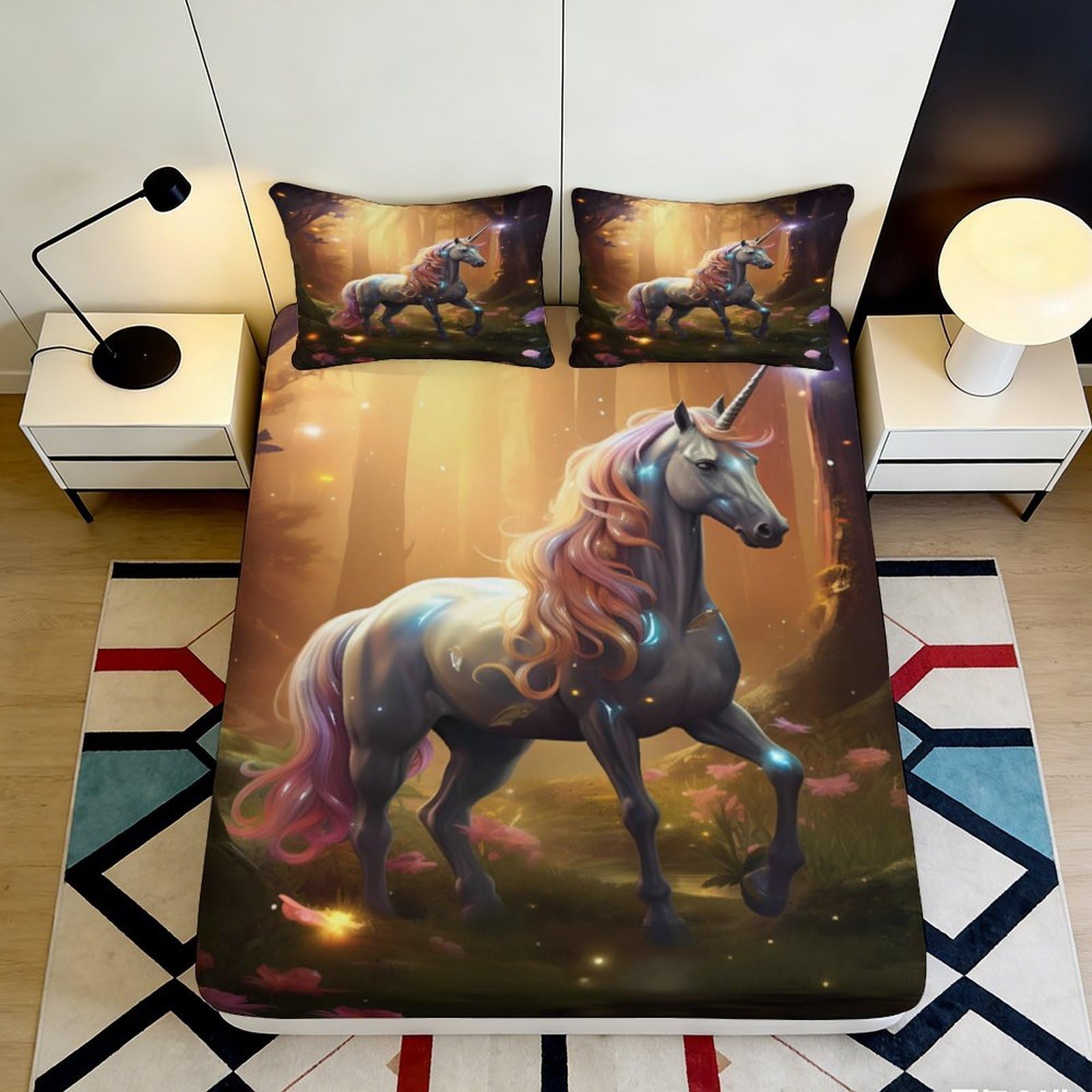 3D Printed Fantasy Unicorn Fitted Sheet Microfiber Soft Anti-Slip Forest Dream Mattress Cover for Bedroom Dorm Decor, Machine Washable 160x200x25cm
