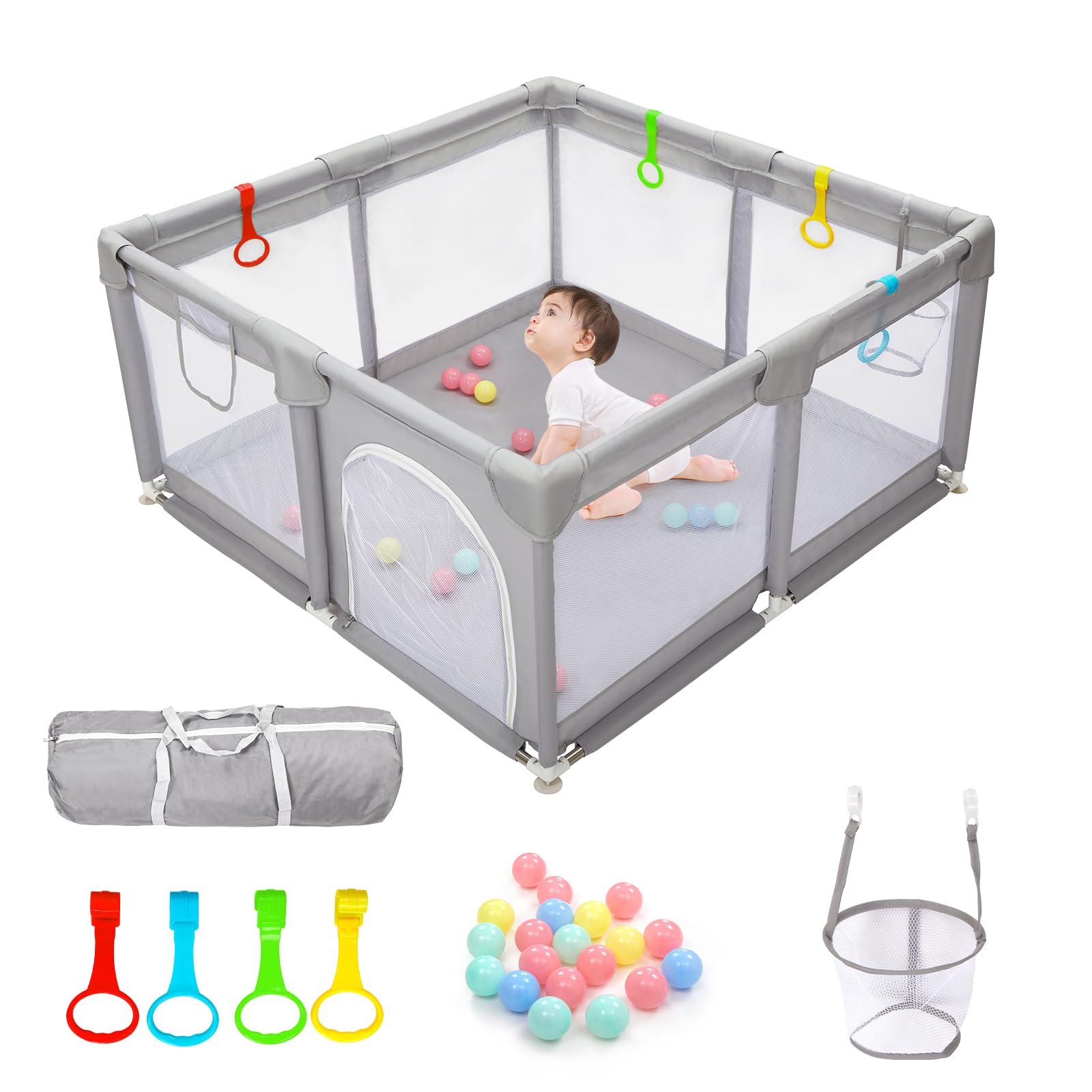 Parc pour bébés et tout-petits, parc de jeu durable avec maille respirante visible, protection en mousse, clôture facile à assembler avec sac de voyage - 128 x 128 cm (gris clair, sac de 128 x 128 cm)