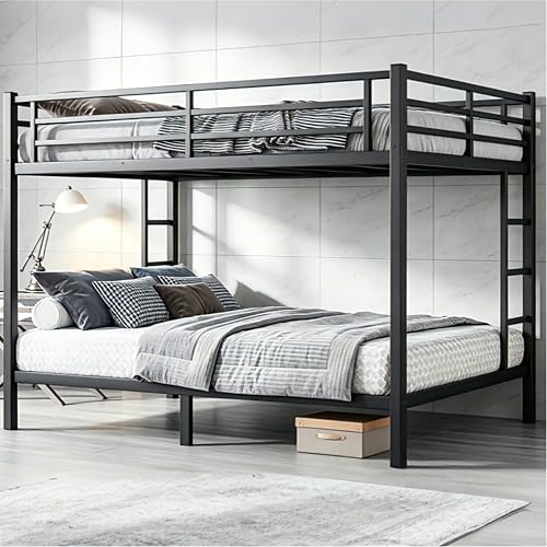Bellemave Queen Over Queen Bunk Bed with 2 Side Ladders & Guardrail, Heavy Duty Metal Queen Size Bunk Bed Frame with Under Bed Storage, Queen Over Queen Bunk Beds for Adults, Teens, Kids, Black