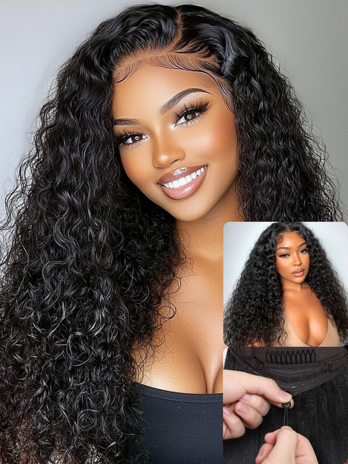Nadula Bye Bye Knots Glueless Water Wave Wig Human Hair with Elastic Drawstring,Pre Cut 7X5 Invisible Knots HD Lace Front Wigs Pre Plucked with Baby