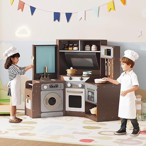 Miniatura 2 de Corner Wooden Play Kitchen, Play Kitchen with Lights & Sound, Full Appliances & Complete Accessories, Pretend Cooking Set for Playrooms, Bedrooms,