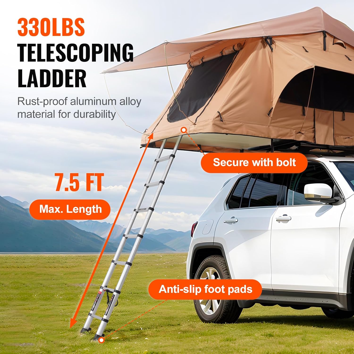 VEVOR Rooftop Tent with extended telescoping ladder.