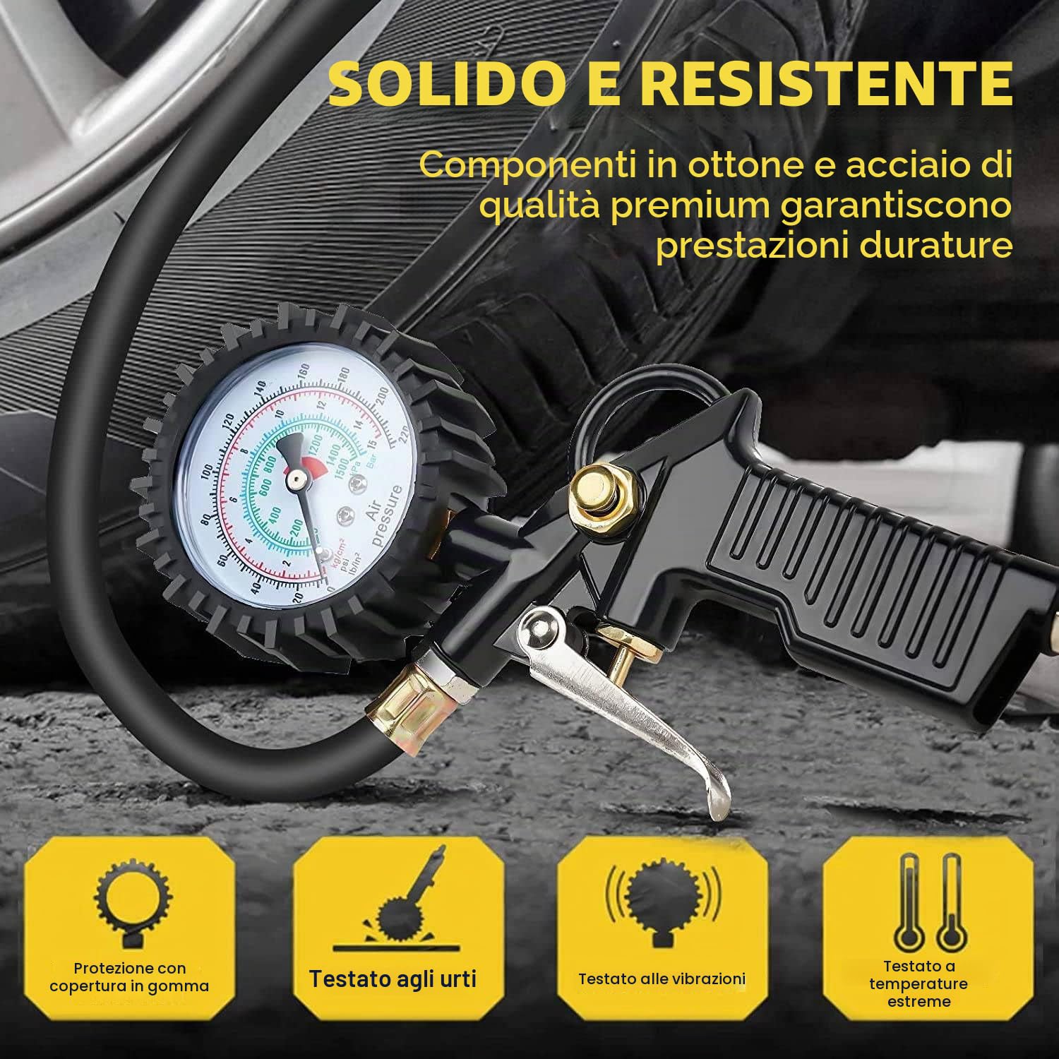 Manometro Pressione Gomme con Tubo Flessibile, 220 PSI / 16 BARManometro per Pneumatici Gomme, Alta Precisione Manometro Pneumatici per Auto, Moto
