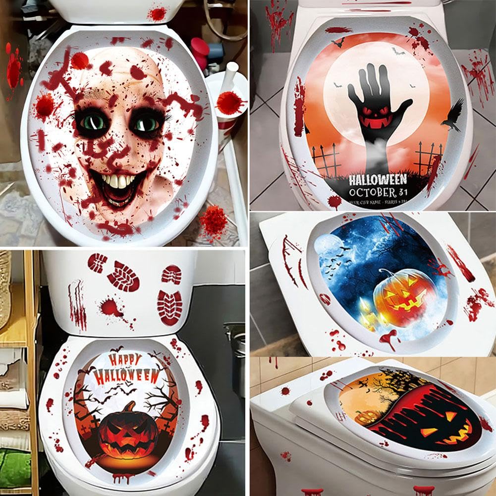 Autocollant D'Halloween Pour Abattant De Toilettes, Motif Horreur D' Halloween – Autocollant De Salle De Bain – Autocollant Pour Salle De Bain, Couvercle De Toilette Amovible Pour Siège De Porte De