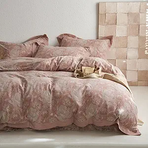 VM VOUGEMARKET Blush Pink Flower Duvet Cover Set Queen,3 Pieces Retro Jacquard Pink Floral Bedding Set,Linen Cotton Yarn-Dyed Textured Duvet Cover with Zipper Closure