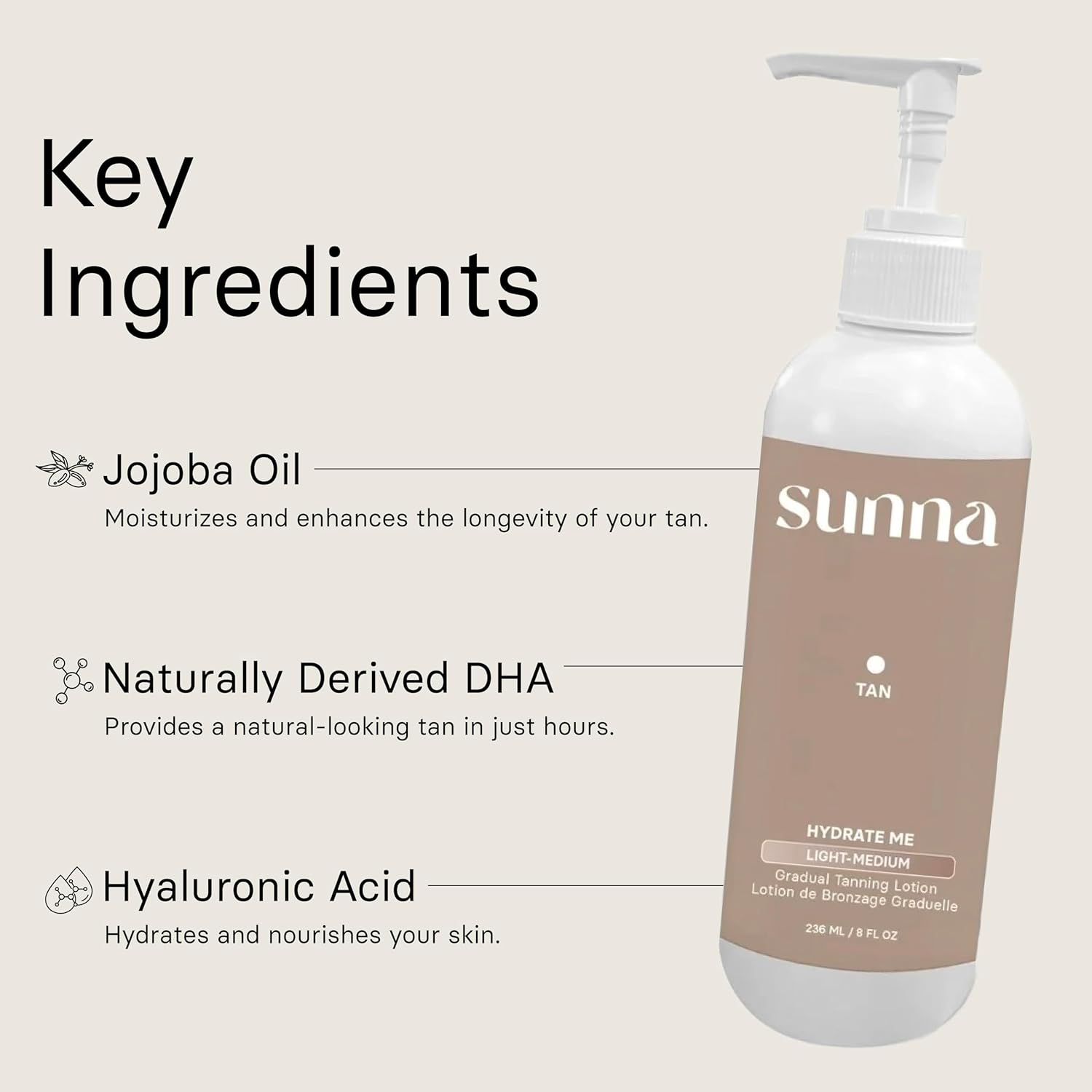 Gradual Self Tanning Lotion by SunnaTan - Hydrating Formula Made With Hyaluronic Acid & Jojoba - Organic & Natural Ingredients - Achieve a Natural, Gradual Tan (Medium/Dark, 236 ml) - Image 4