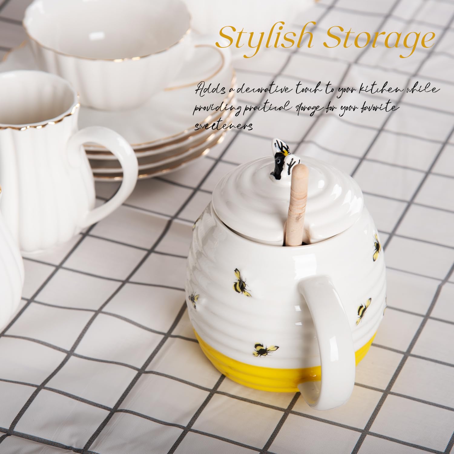 Olla de miel de abeja y rociador, tarro de miel de cerámica con cuchara, tarro de almacenamiento de miel de porcelana en diseño de colmena de abeja con tapa para uso doméstico y cocina