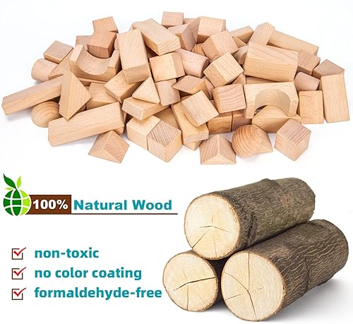 Miniatura 5 de Timfuis Juego de bloques de construcción de madera, 80 piezas de madera natural apilable, juguete con bolsa de transporte, regalos de cumpleaños