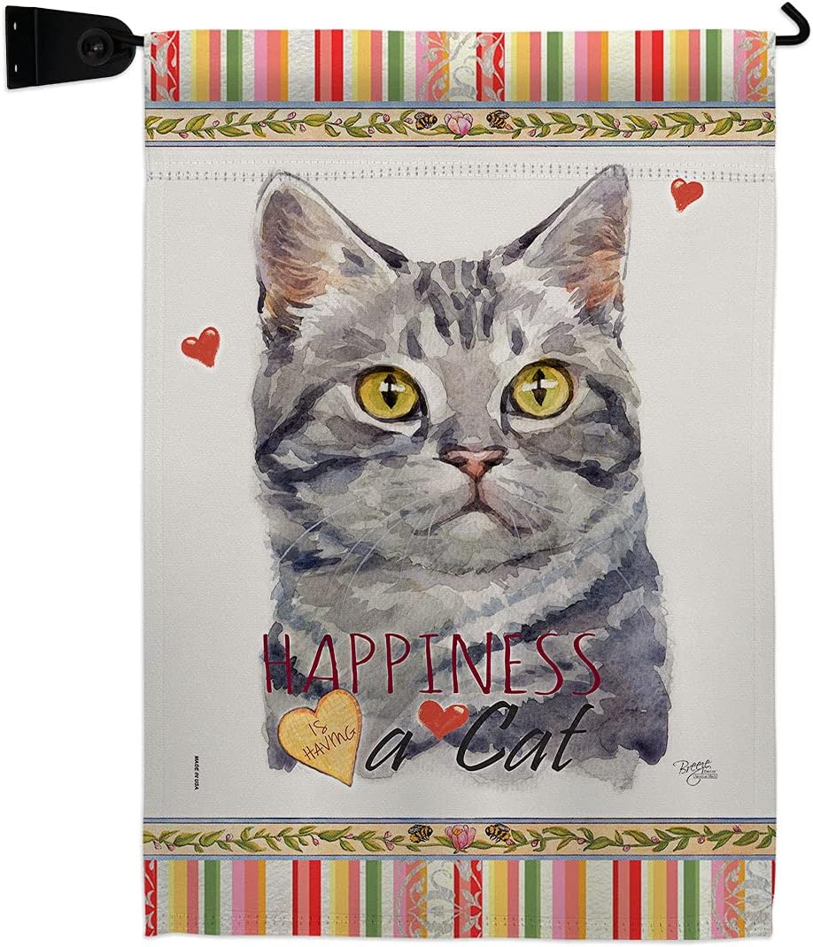 Red American Short Hair Happiness Garden Flag Set Wall Holder Animals Cat Kitten Meow Spoiled Paw Fur Pet Nature Farm Animal Creature Small Gift Yard House Banner Double-Sided Made In USA 13 X 18.5