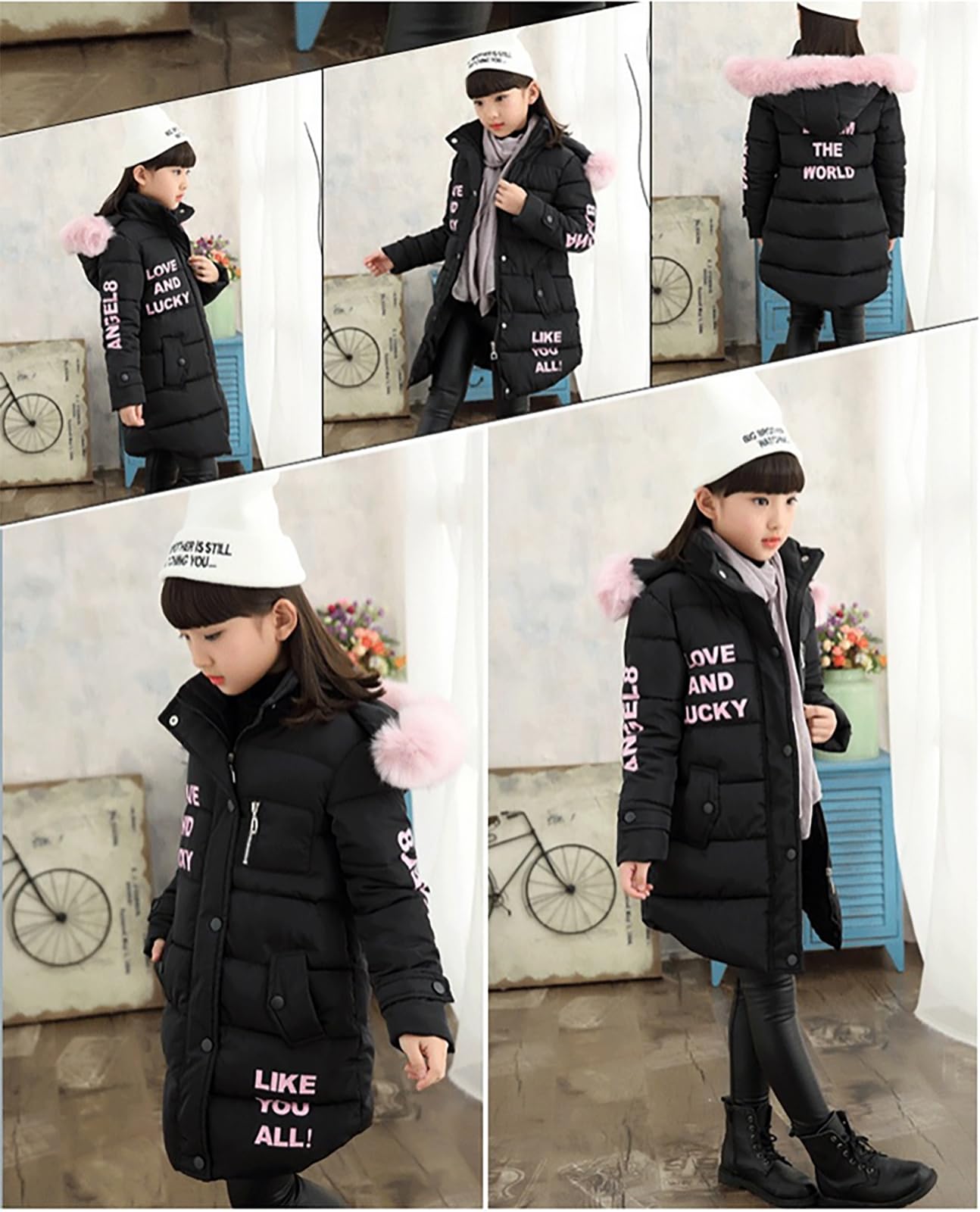 Chaqueta de plumas para niña, diseño de parka con capucha, abrigo largo, chaqueta de piel sintética cálida