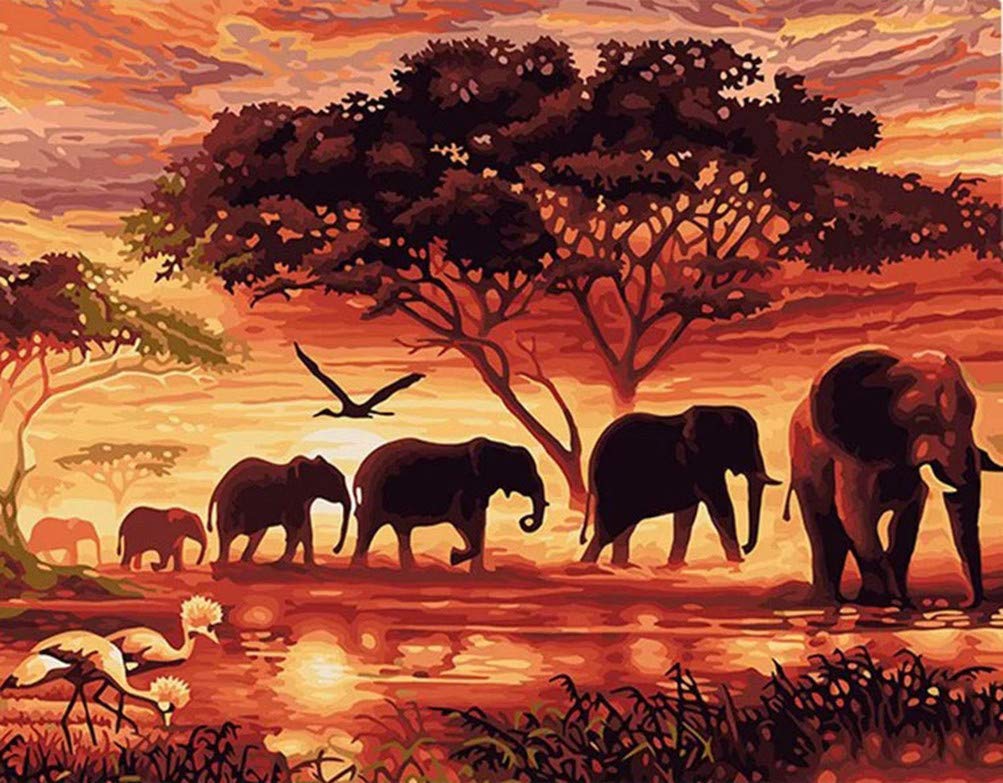 Amiiba Elephant Diy Paint By Numbers Kits, African Savanna Tree Of Life, Sunset Landscape 16X20 Inch Acrylic Painting By Number Wall Art Crafts (, Without Frame)
