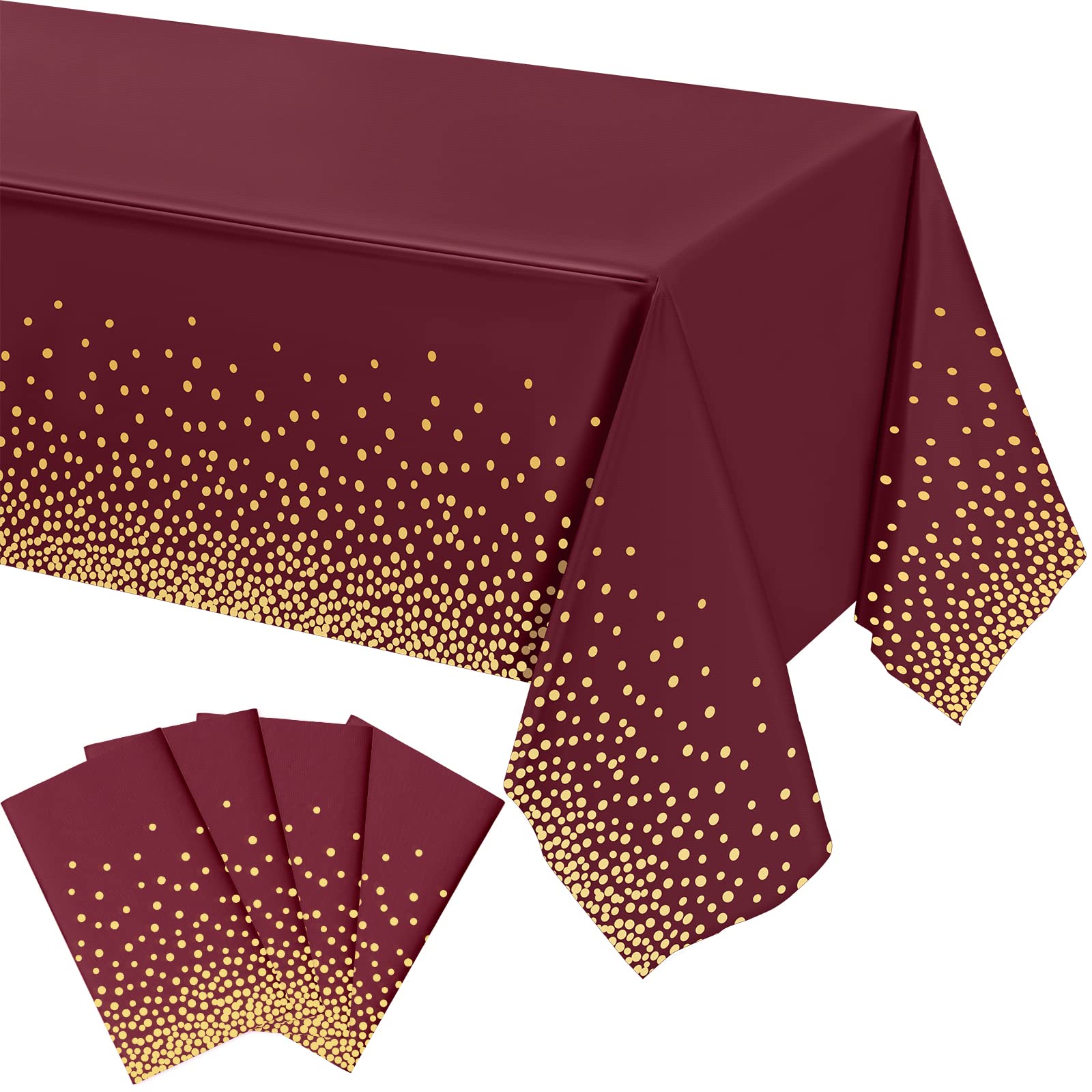 Tegeme 4 Packs Burgundy and Gold Plastic Table Cloths for Parties Disposable Maroon Ramadan Mubarak Tablecloths Decoration with Gold Stamping Dot 108 x 54'' for Birthday Graduation Ramadan Party