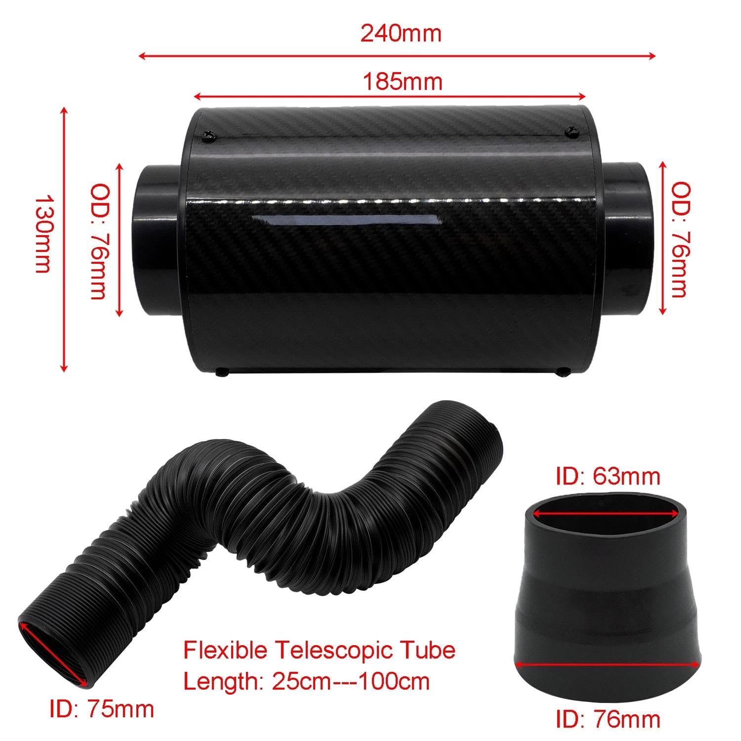 Manguera Admisión De Aire 1 Juego De Filtro Aire Frío, Kit Manguera Tubo Entrada Fibra Inducción Cerrada, Universal 76mm Y 3"