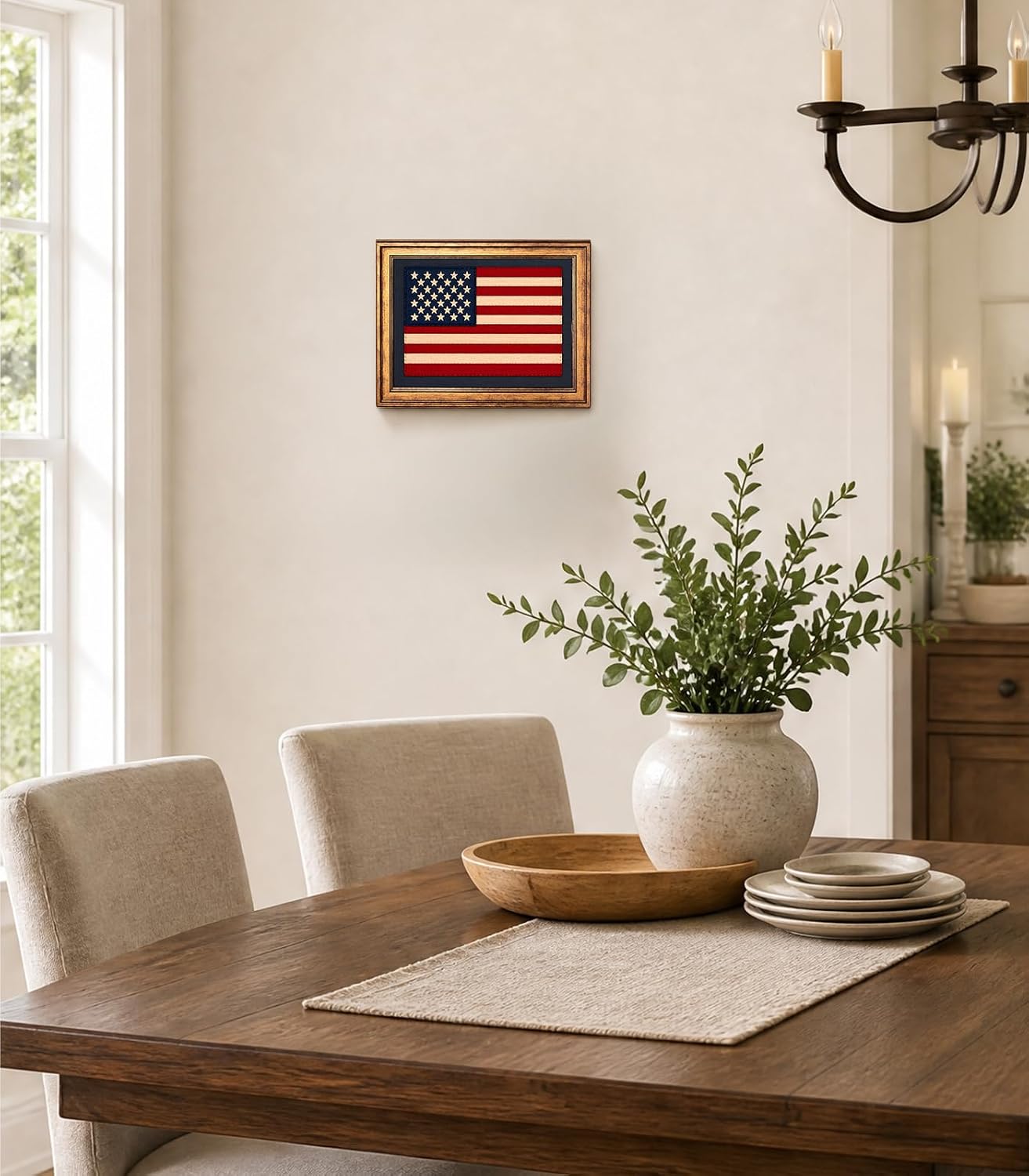 HAWONE Vintage Gold Framed USA Flag Wall Art Faux Embroidered American Flag Canvas Print Patriotic Poster Rustic 4th of July Framed Picture Wall Decor for Living Room Home Office Decor 8x10 Inch