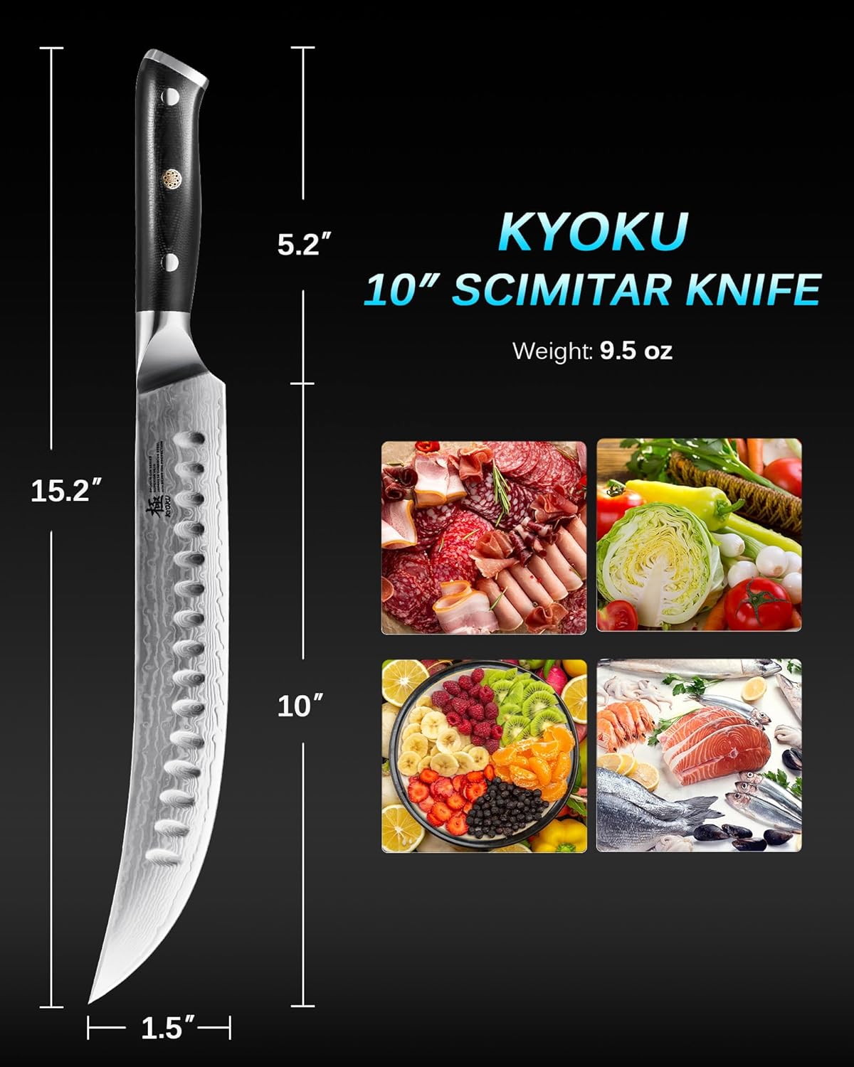 KYOKU 10" Scimitar Knife, Gin Series Cimitar Breaking Knife with Silver PVD Coating Damascus Blade, Japanese Style VG10 Stainless Steel Butcher Knife, Full Tang, with Sheath & Case - Image 5