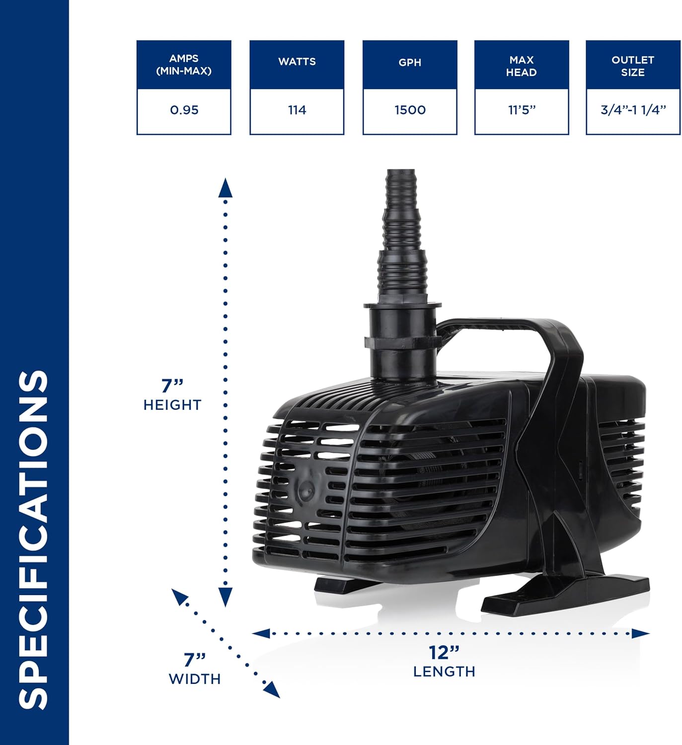 Alpine Corporation Tornado Pump 1500 GPH with 33' Cord for Ponds, Fountains, and Waterfalls