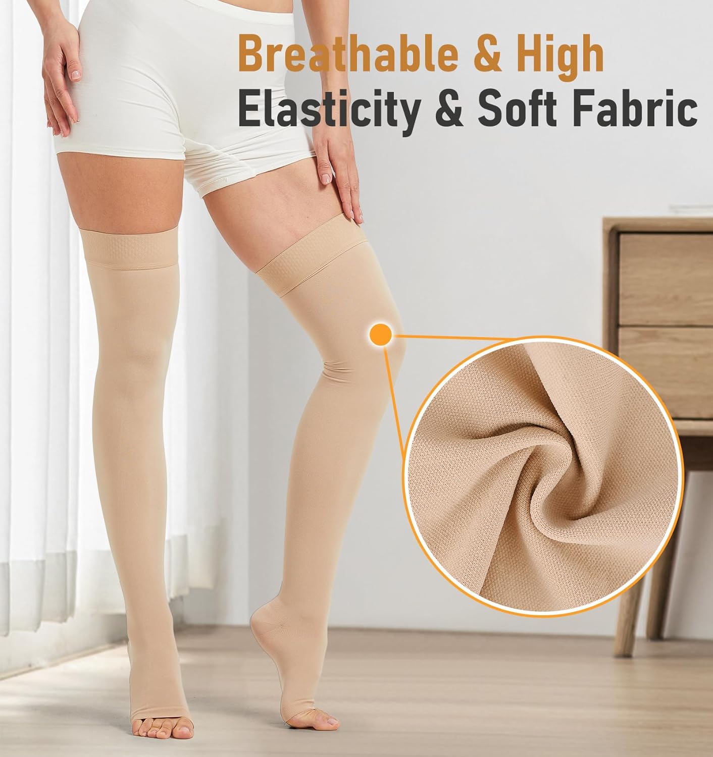 NURCOM 20-30 mmHg Medical Compression Stockings for Women & Men, Open Toe Thigh High Compression Socks with Dot Silicone Band, Graduated Support Stockings for Varicose Veins, Swelling, DVT, Flight - Image 3