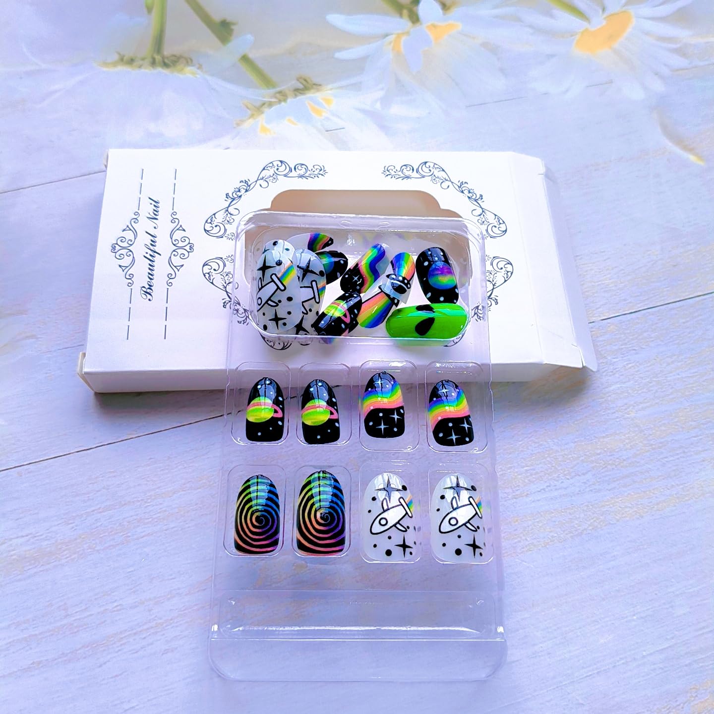 24 Pcs Green Press on Nails Short Oval ZIFANHU Fake Nails, Black Night Sky False Nails Press ons Nail Art Tips with Rainbow Alien Design, Repeatable Glue on Nails for Women Manicure,Glossy Finish
