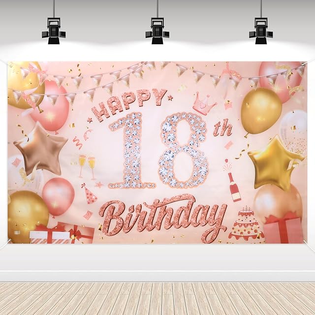 18th Happy Birthday Decoration, Rose Gold 18th Birthday Party Decoration Banners Photo Backdrop Poster Background Banners for Outdoor Indoor 18th Birthday Party Decoration Supplies