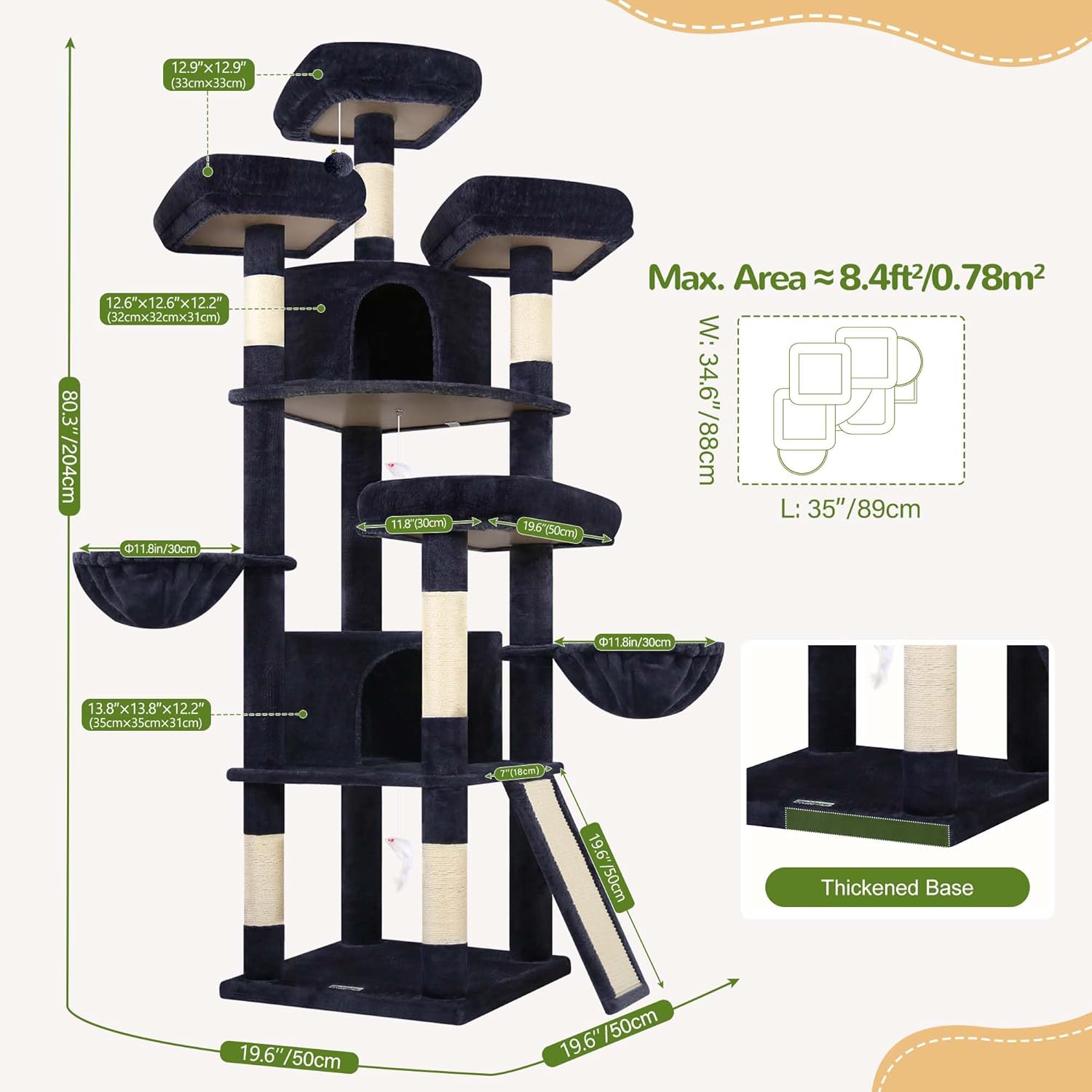 Diagram showing the overall dimensions and structure of the Globlazer F80H cat tree, highlighting the thickened base.