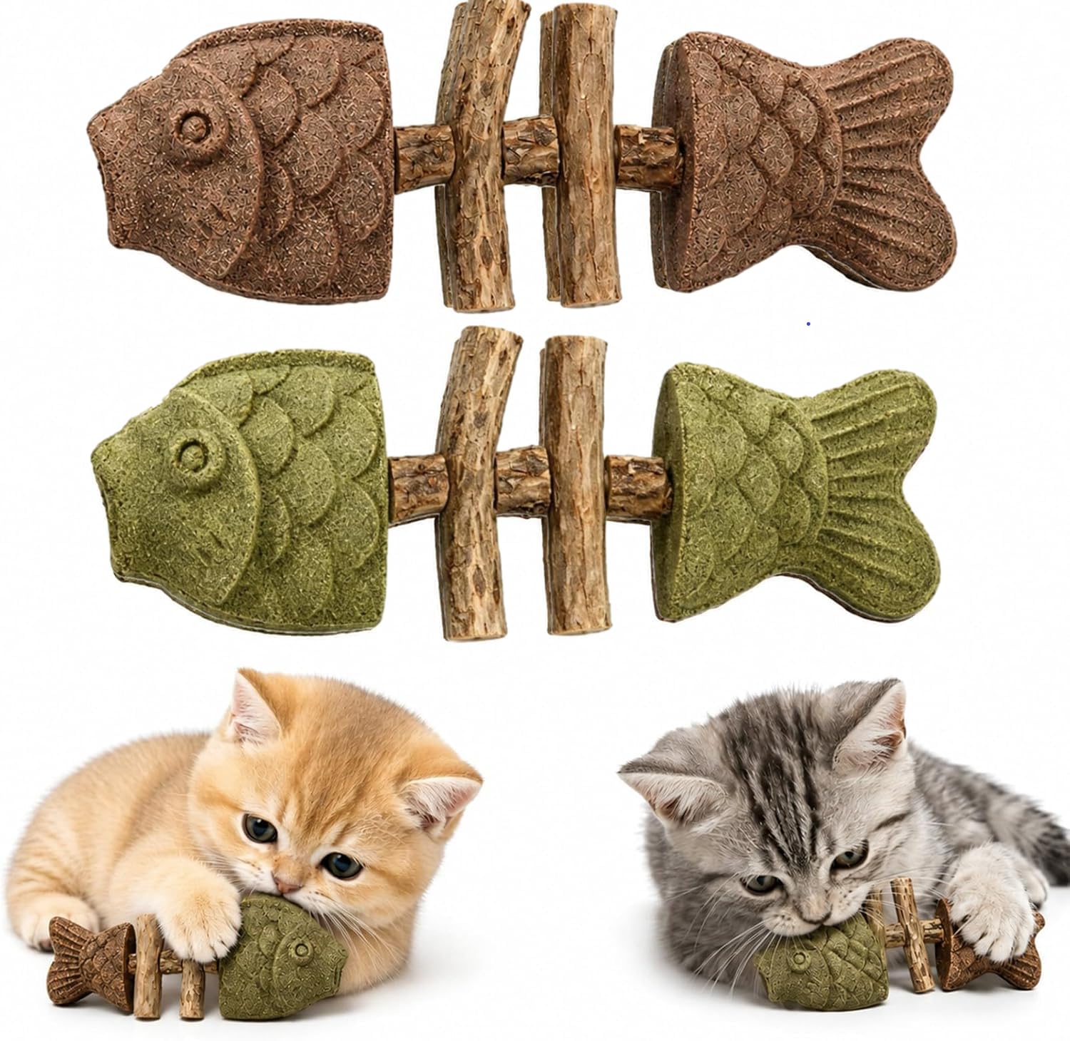 Collenatsy 2 PCS Catnip and Silvervine Chew, Natural Fishbone Chew Toy for Cats, Fishbone-Shaped Cat Dental Toy for Chewing, Licking, Pawing, Boredom Relief & Enrichment for Cats