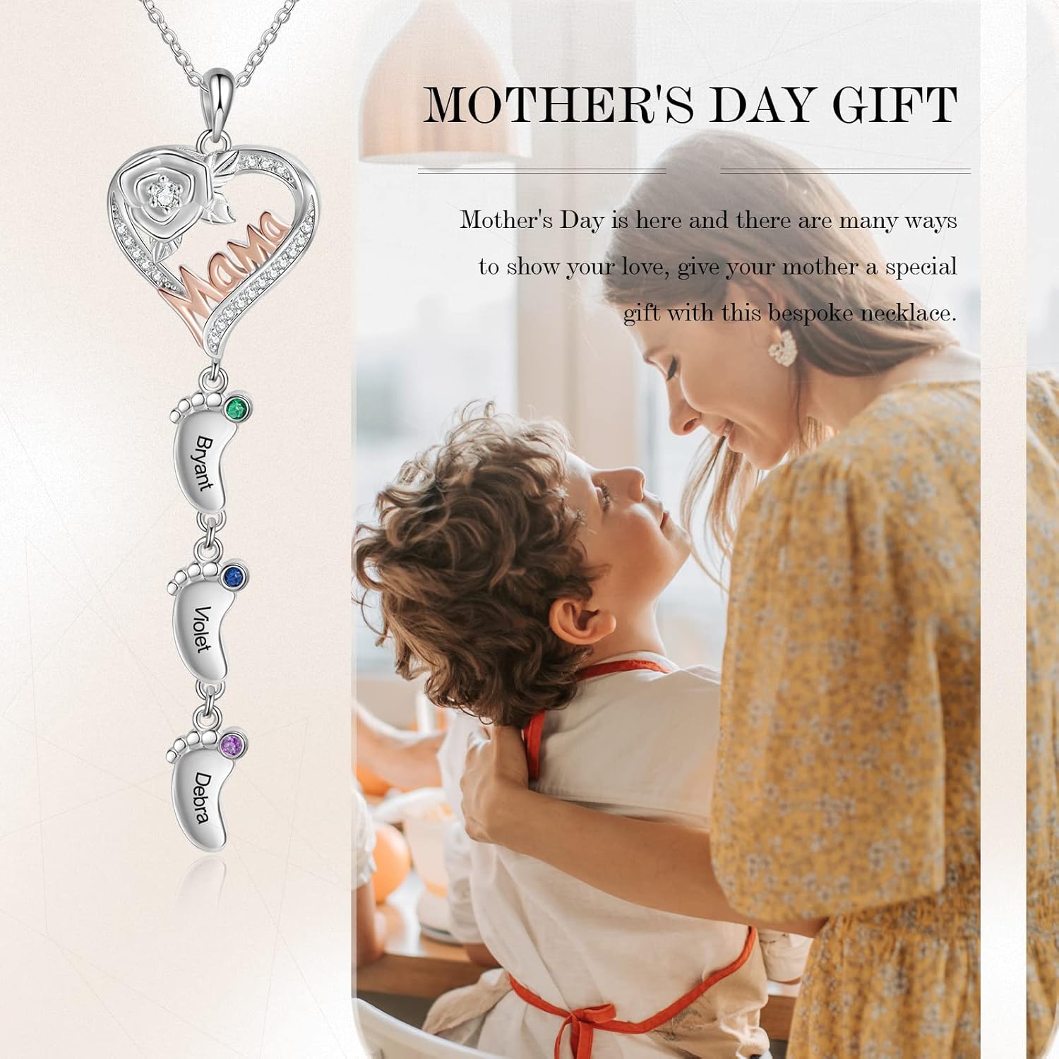 kaululu Personalized Feet Birthstone Necklace with 1-5 Names Custom Mama Pendant Mother's Day Jewelry Gifts for Women Mom Grandma