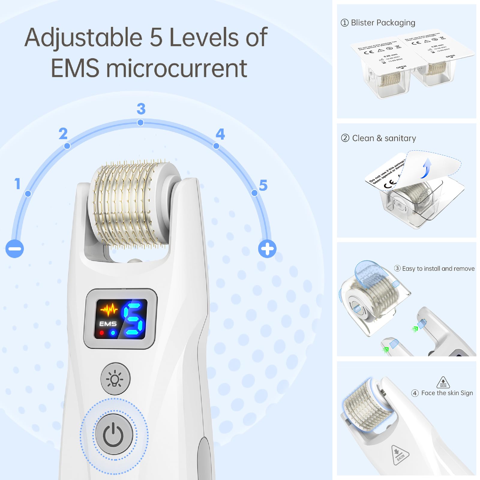 G5 Microneedling Roller Pen — Elektrisches Microneedling Set, 5 EMS Stufen & Rot Blau LED Vibration, geeignet für Gesicht, Körper, Haare & Bart – 2 Patronen
