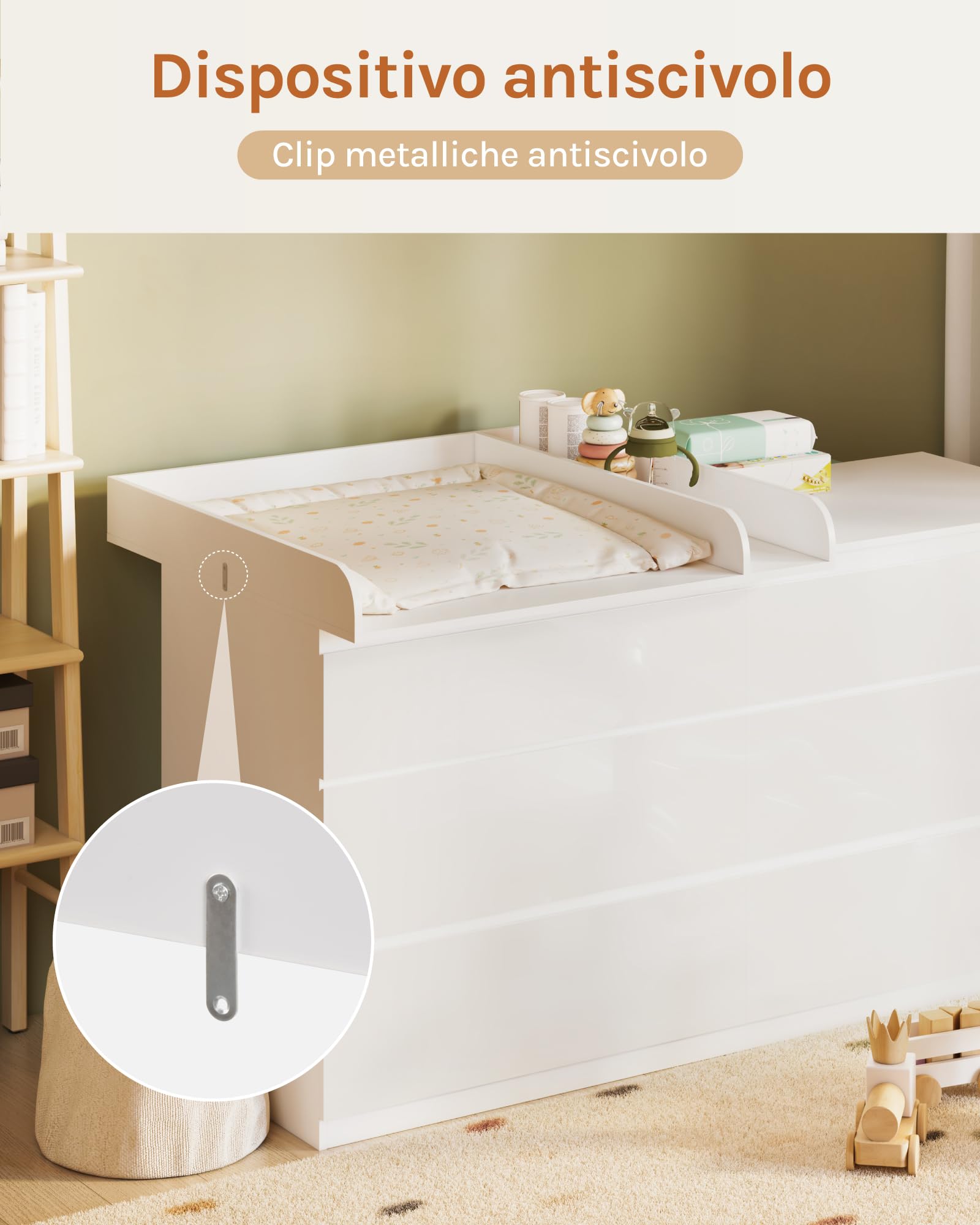 WOLTU Fasciatoio per Cassettiera Universale, Piano Fasciatoio con Divisorio Rimovibile, Fissaggio Sicuro con Pezzi Metallici, in MDF, Bianco