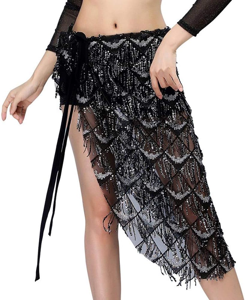 MUNAFIE Hip Scarf for Belly Dance Folk Dance Halloween Costume Tribal Dance Skirt with Sequin Tassel