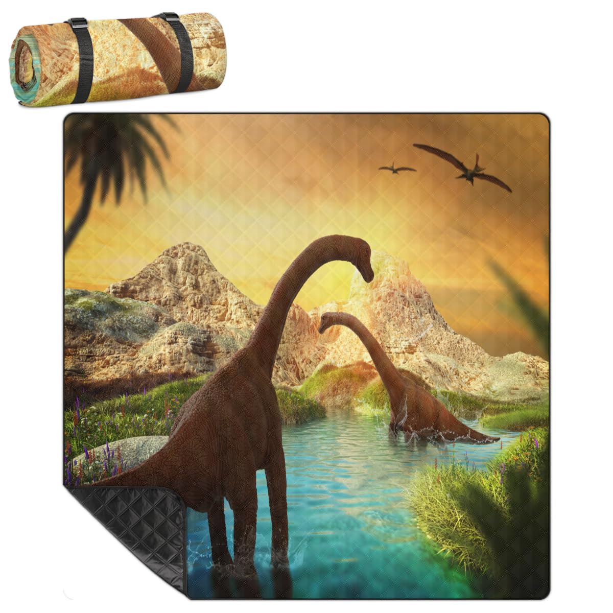 Shimoshe Extra Large Picnic Blankets 79”x 79”, Brachiosaurus Waterproof Foldable Picnic Mat with Straps Portable Beach Blanket for Camping Park Grass Beach Indoor